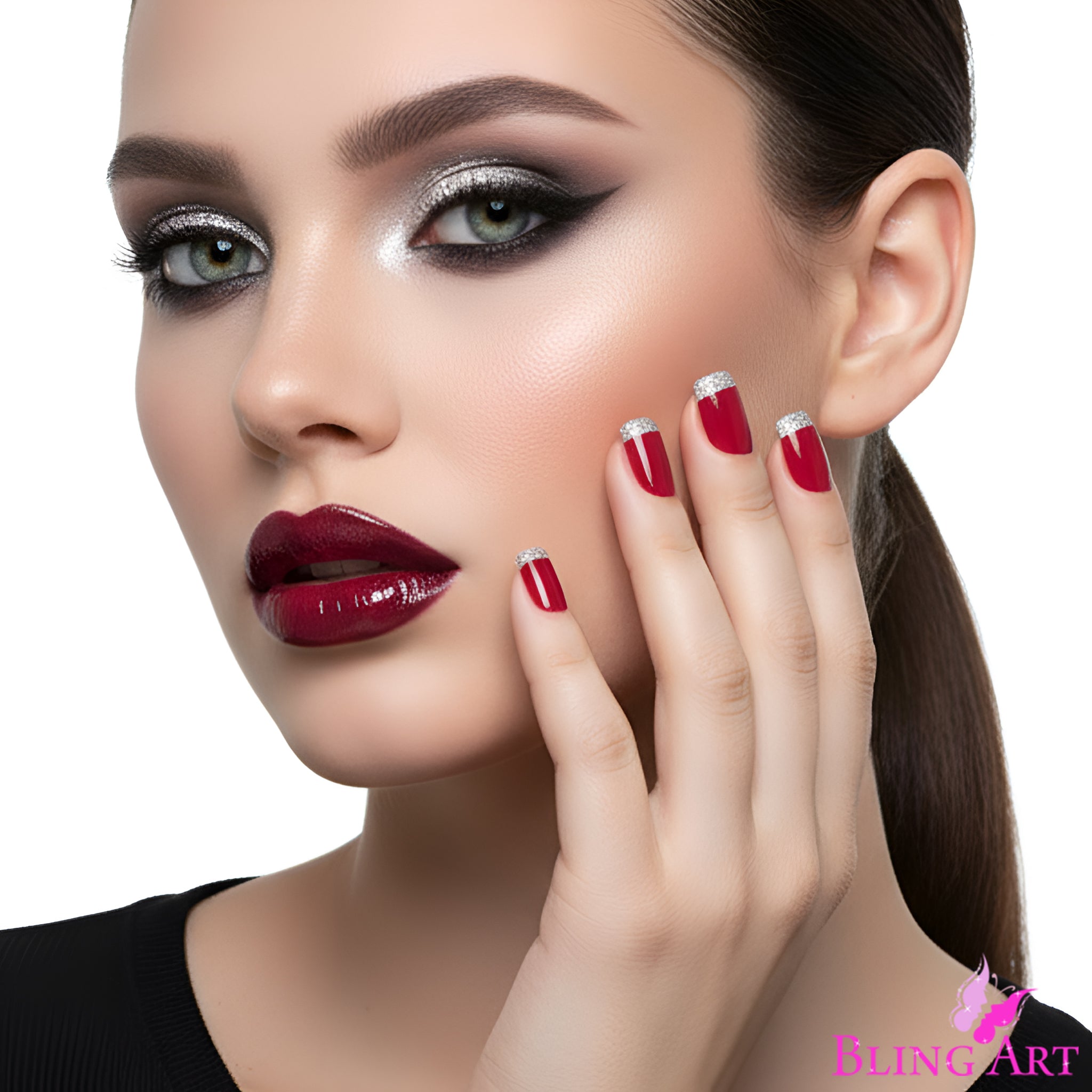 False Nails by Bling Art Red Silver French Manicure Fake Medium Tips with Glue