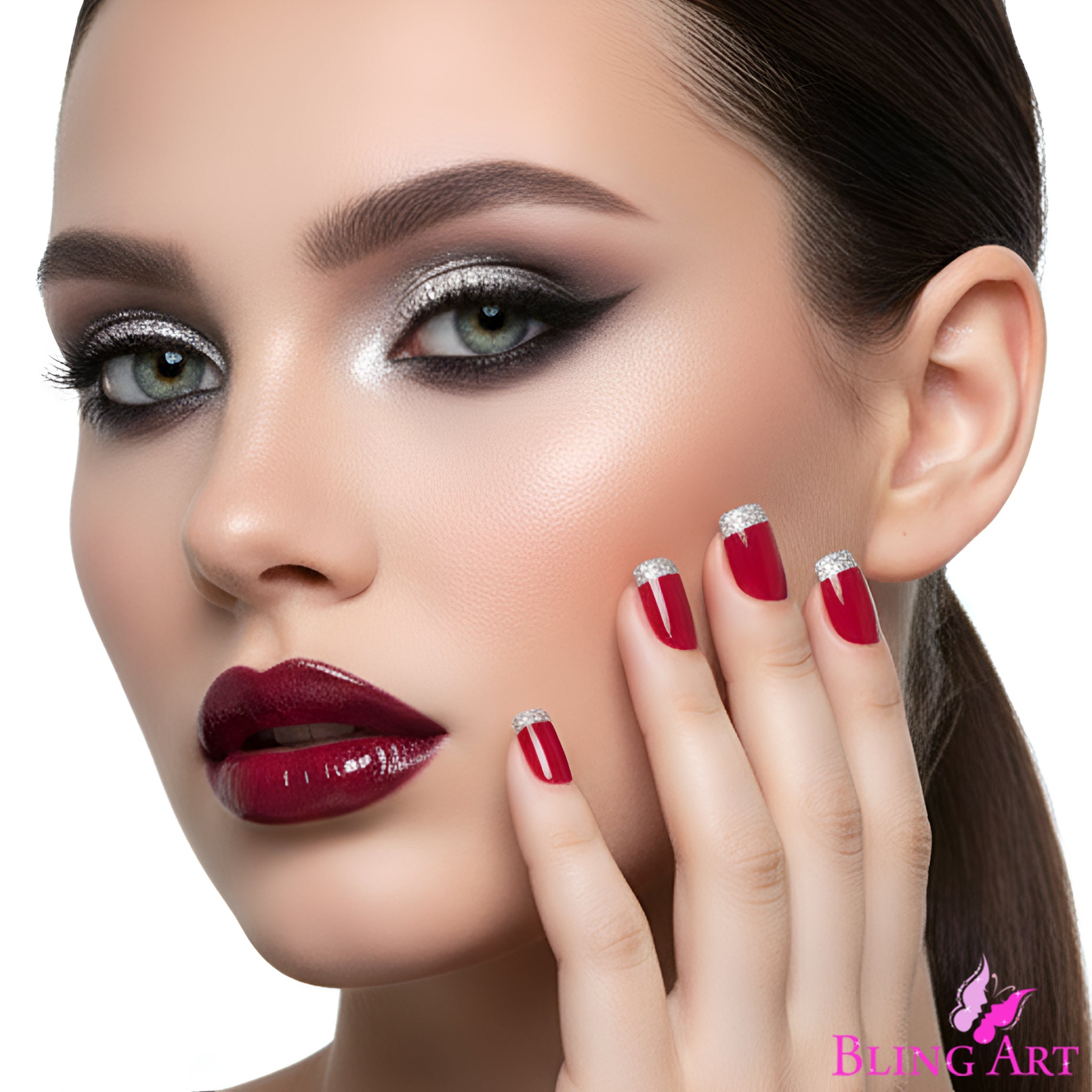 False Nails by Bling Art Red Silver French Manicure Fake Medium Tips with Glue