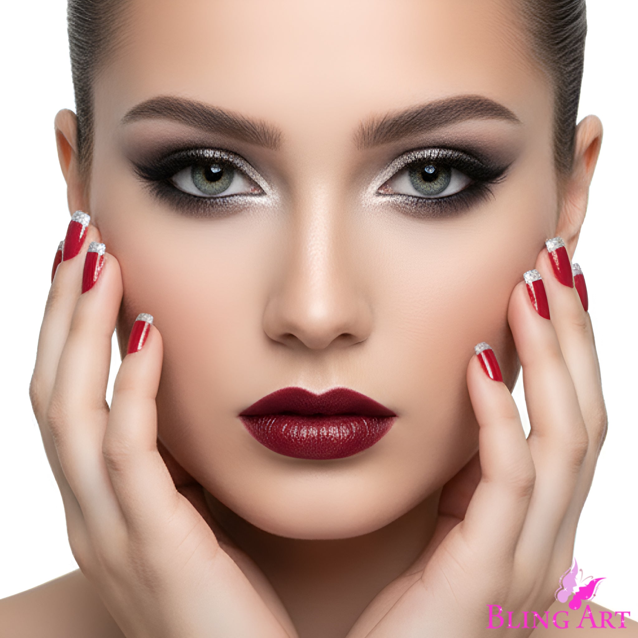 False Nails by Bling Art Red Silver French Manicure Fake Medium Tips with Glue