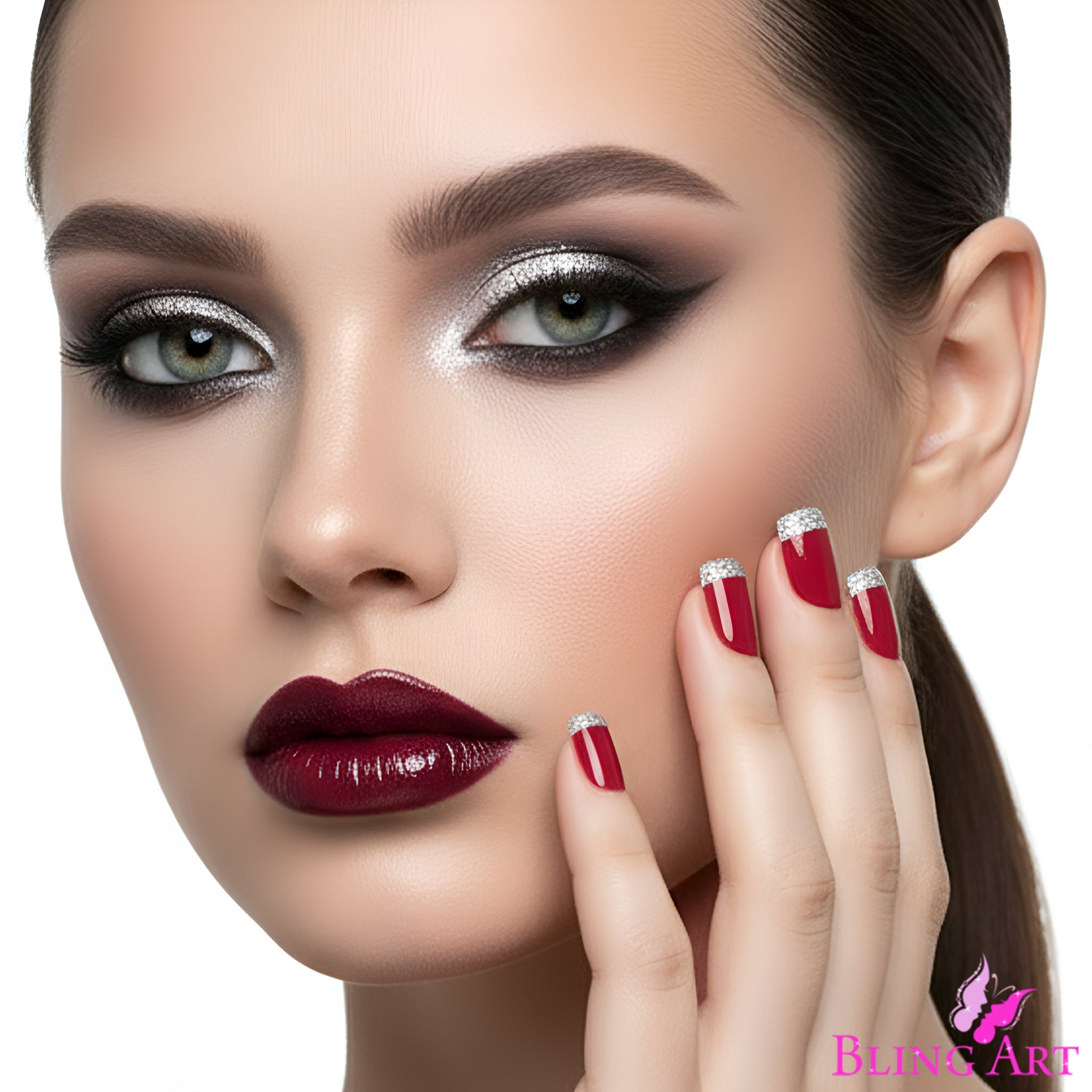 False Nails by Bling Art Red Silver French Manicure Fake Medium Tips with Glue