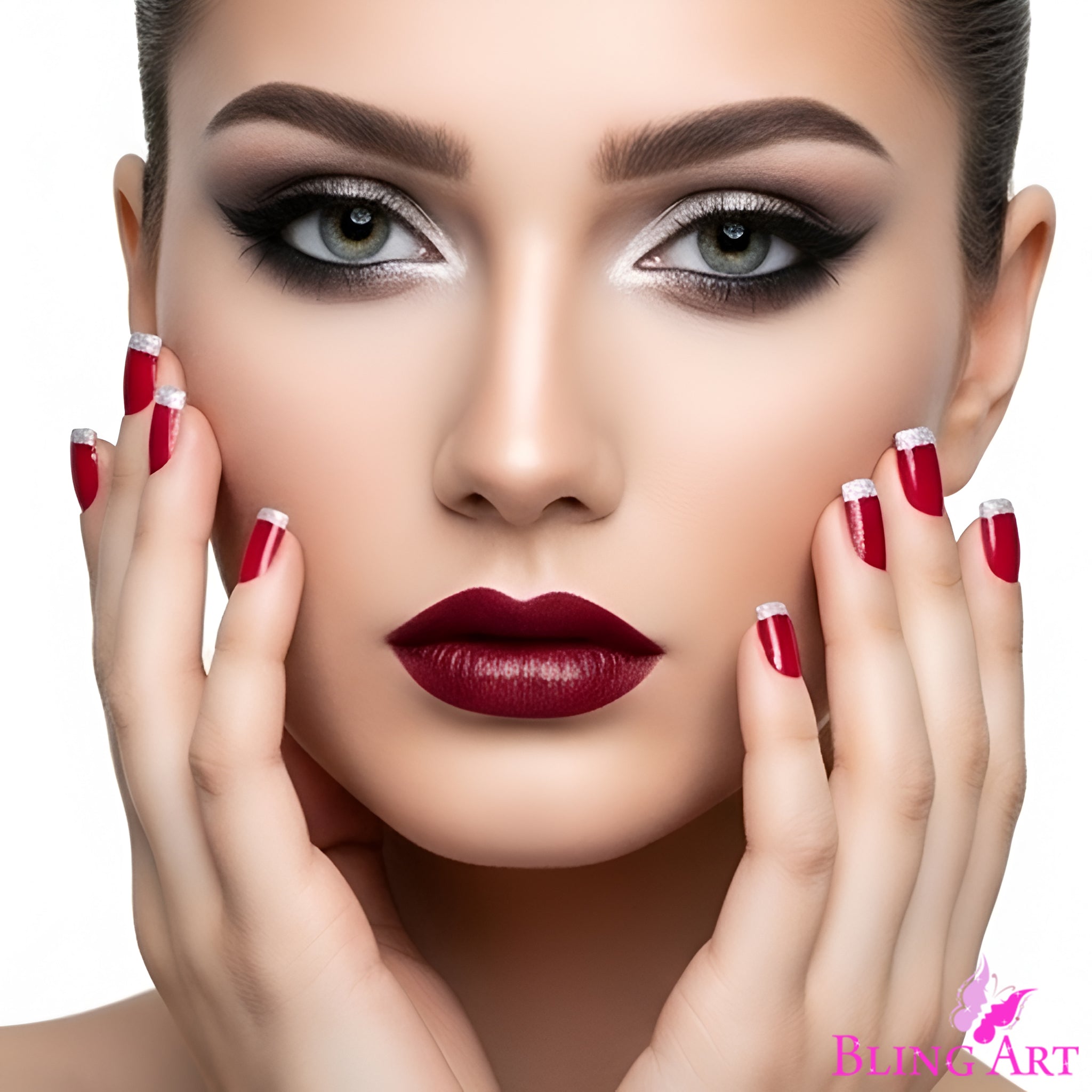 False Nails by Bling Art Red Silver French Manicure Fake Medium Tips with Glue