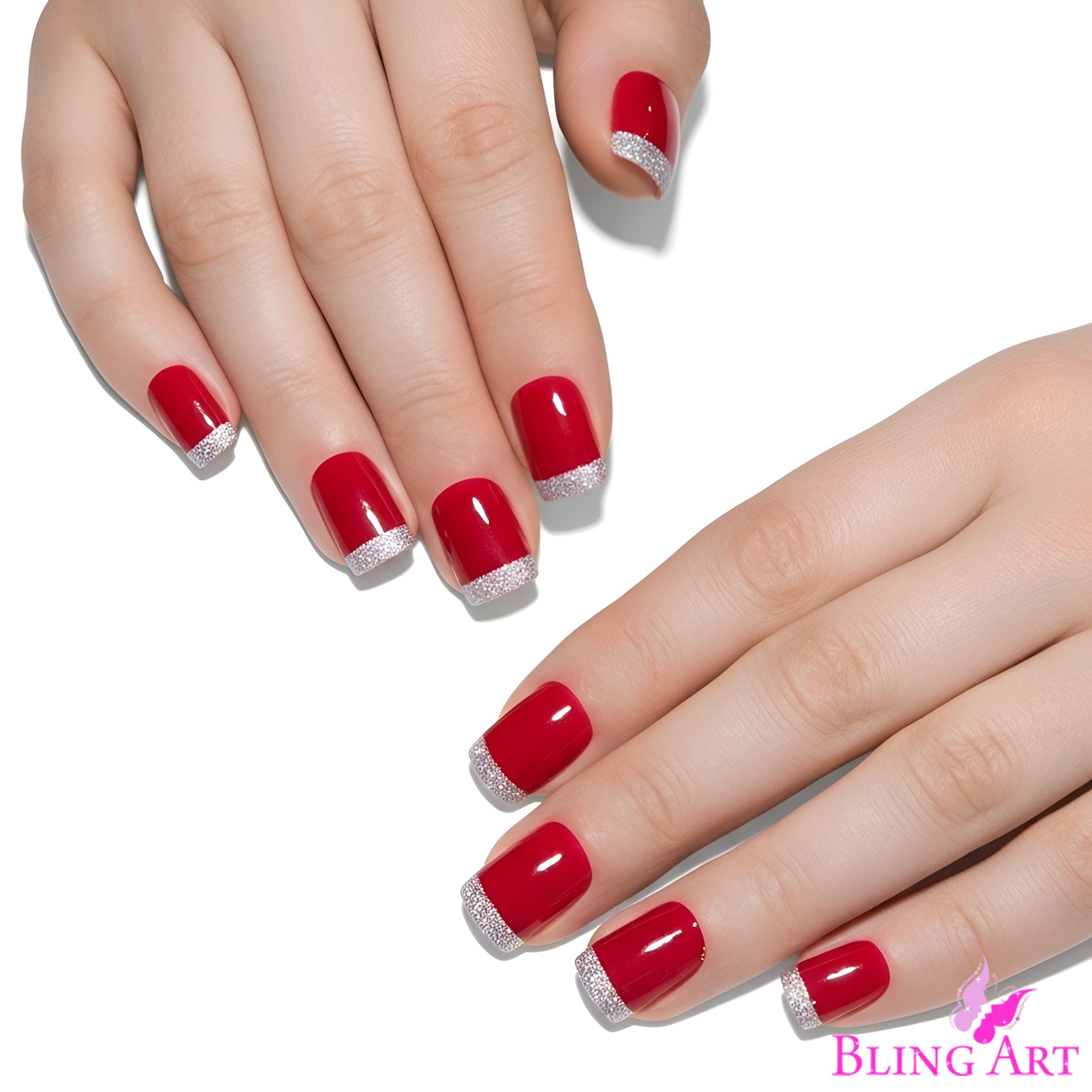 False Nails by Bling Art Red Silver French Manicure Fake Medium Tips with Glue