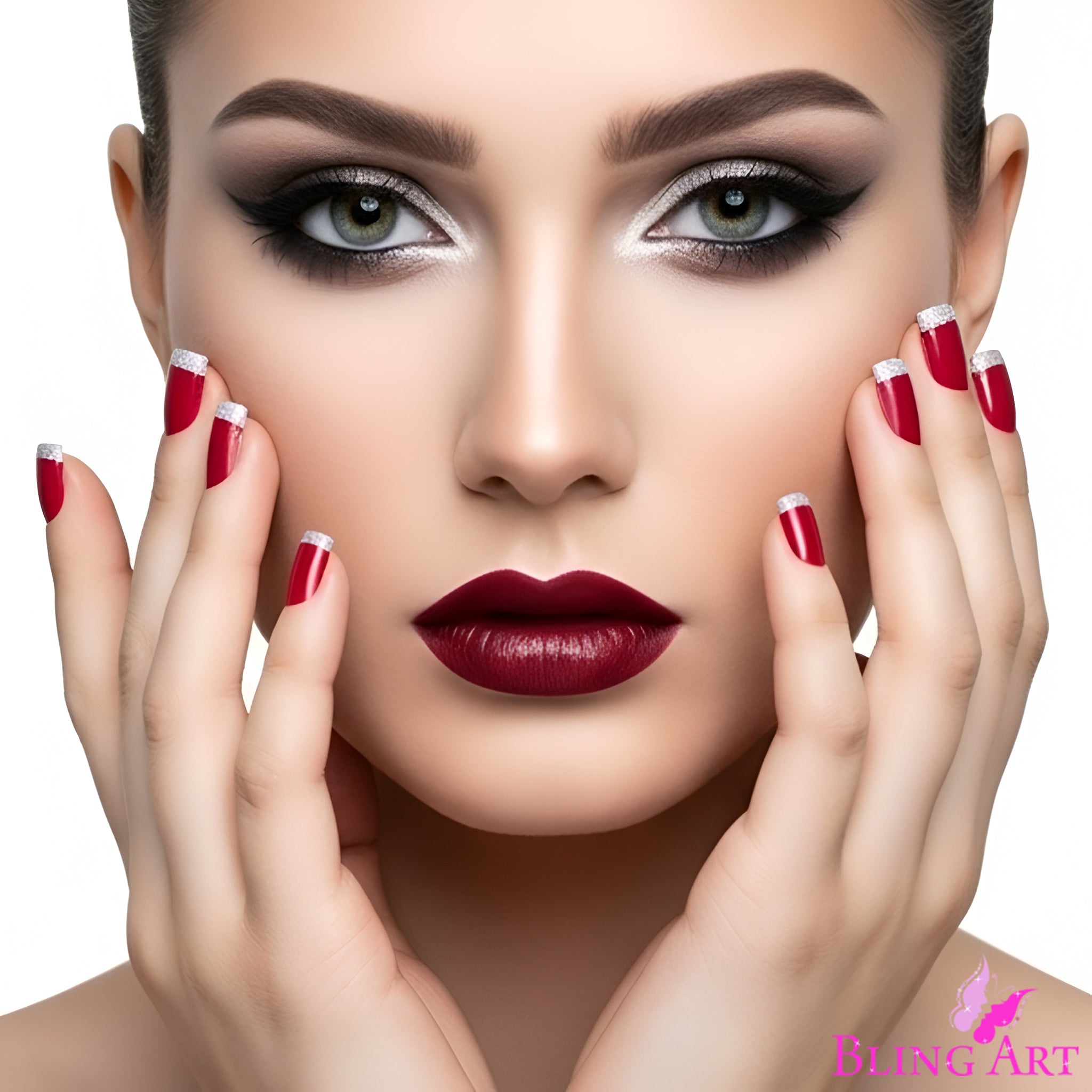 False Nails by Bling Art Red Silver French Manicure Fake Medium Tips with Glue