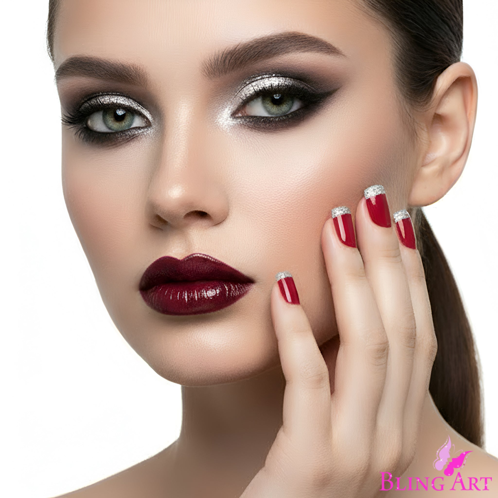 False Nails by Bling Art Red Silver French Manicure Fake Medium Tips with Glue