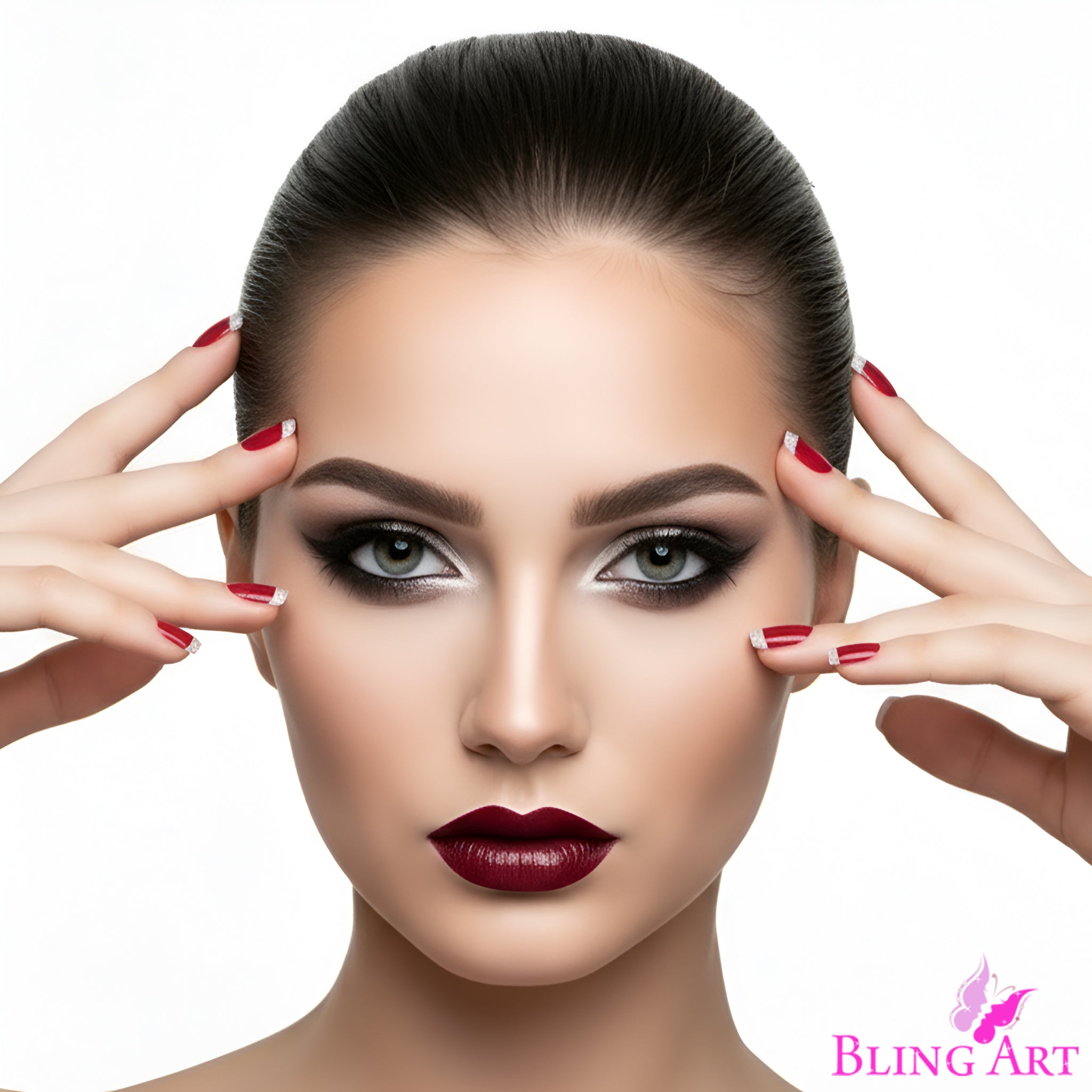 False Nails by Bling Art Red Silver French Manicure Fake Medium Tips with Glue