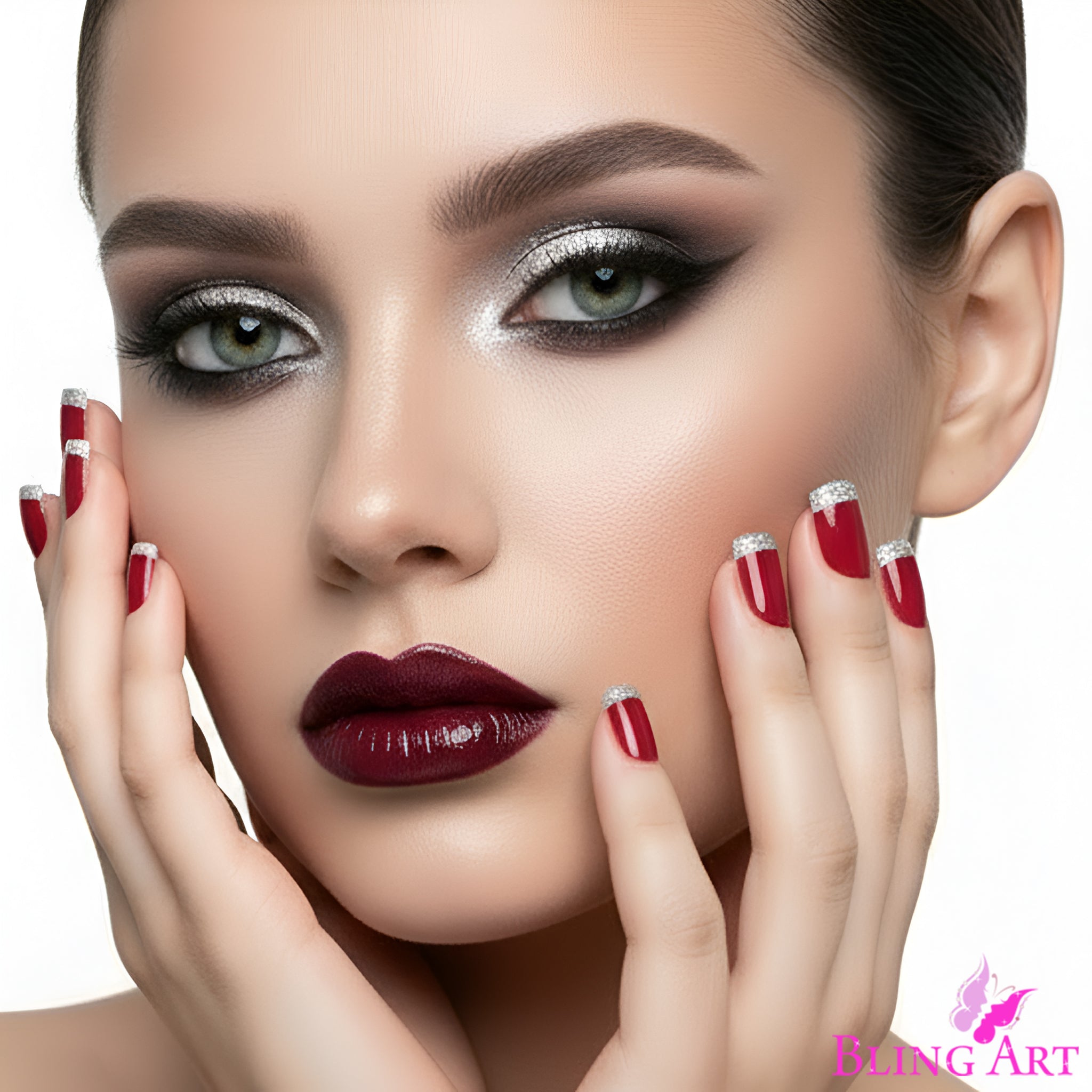 False Nails by Bling Art Red Silver French Manicure Fake Medium Tips with Glue