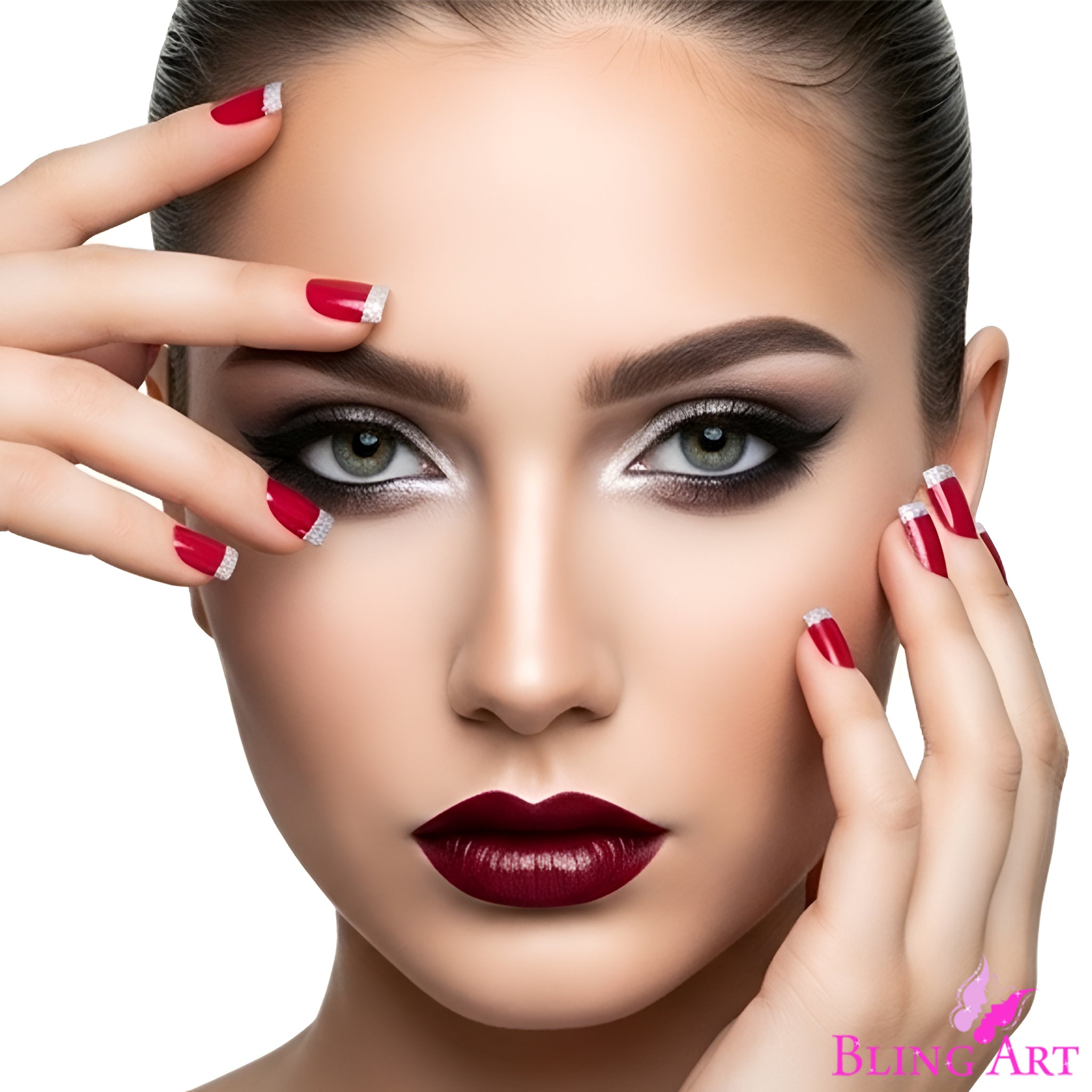 False Nails by Bling Art Red Silver French Manicure Fake Medium Tips with Glue