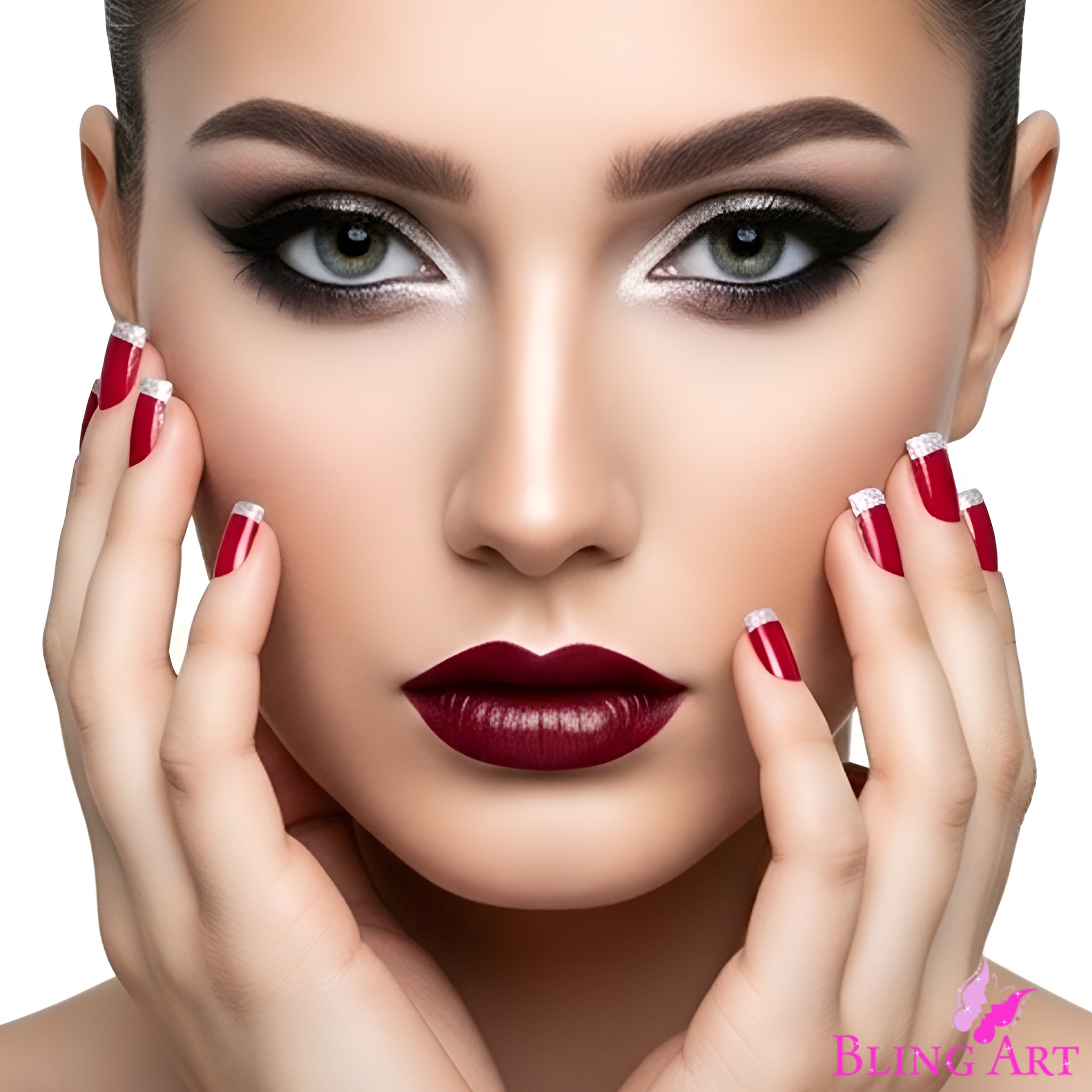 False Nails by Bling Art Red Silver French Manicure Fake Medium Tips with Glue