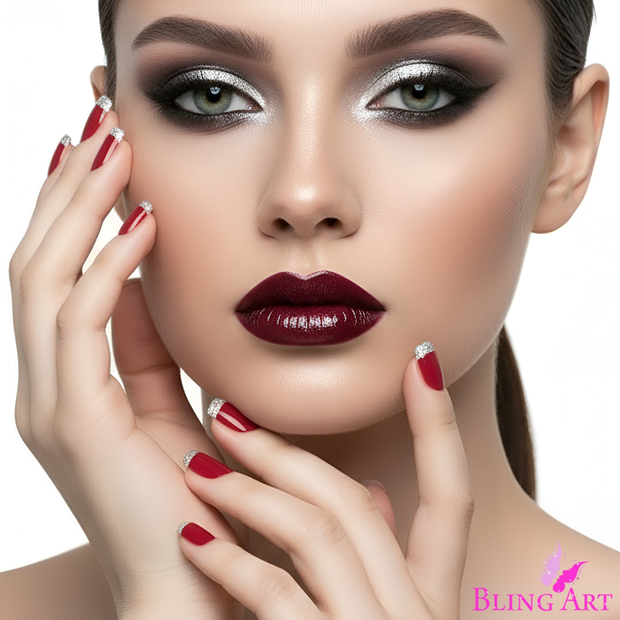 False Nails by Bling Art Red Silver French Manicure Fake Medium Tips with Glue