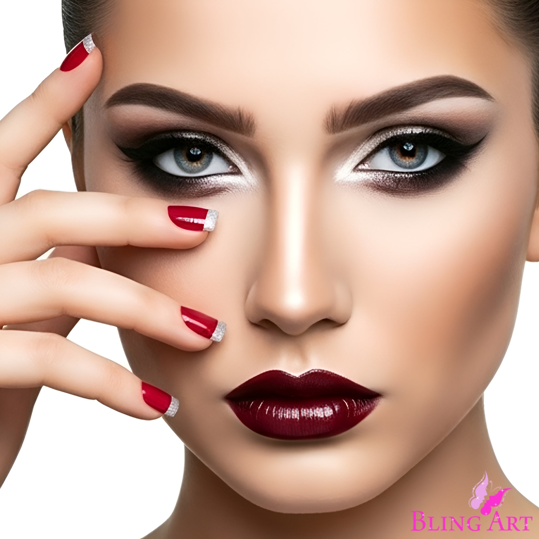 False Nails by Bling Art Red Silver French Manicure Fake Medium Tips with Glue