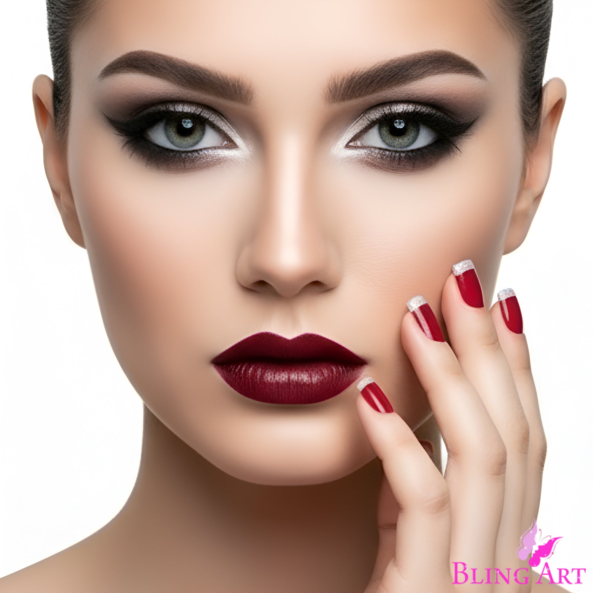 False Nails by Bling Art Red Silver French Manicure Fake Medium Tips with Glue