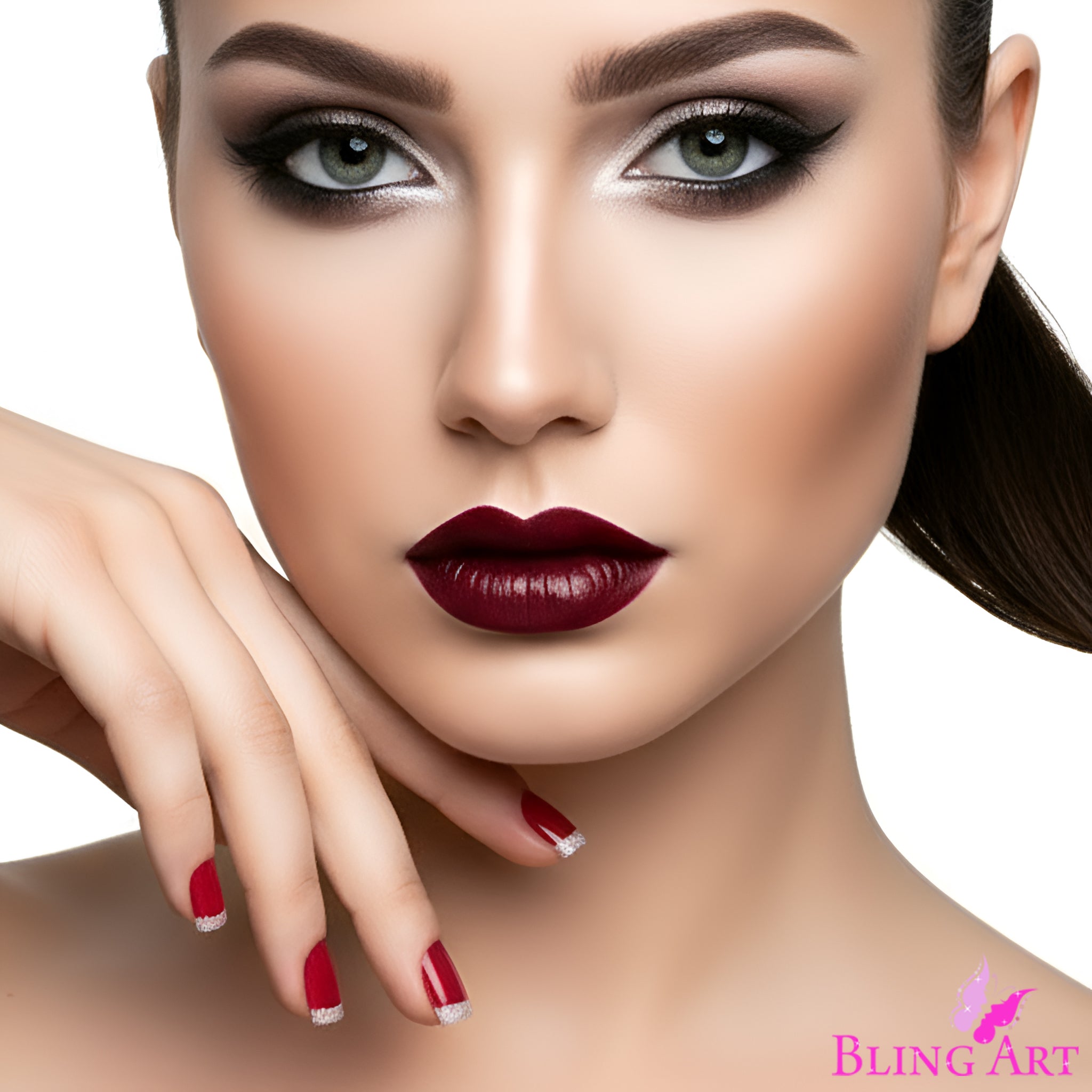 False Nails by Bling Art Red Silver French Manicure Fake Medium Tips with Glue