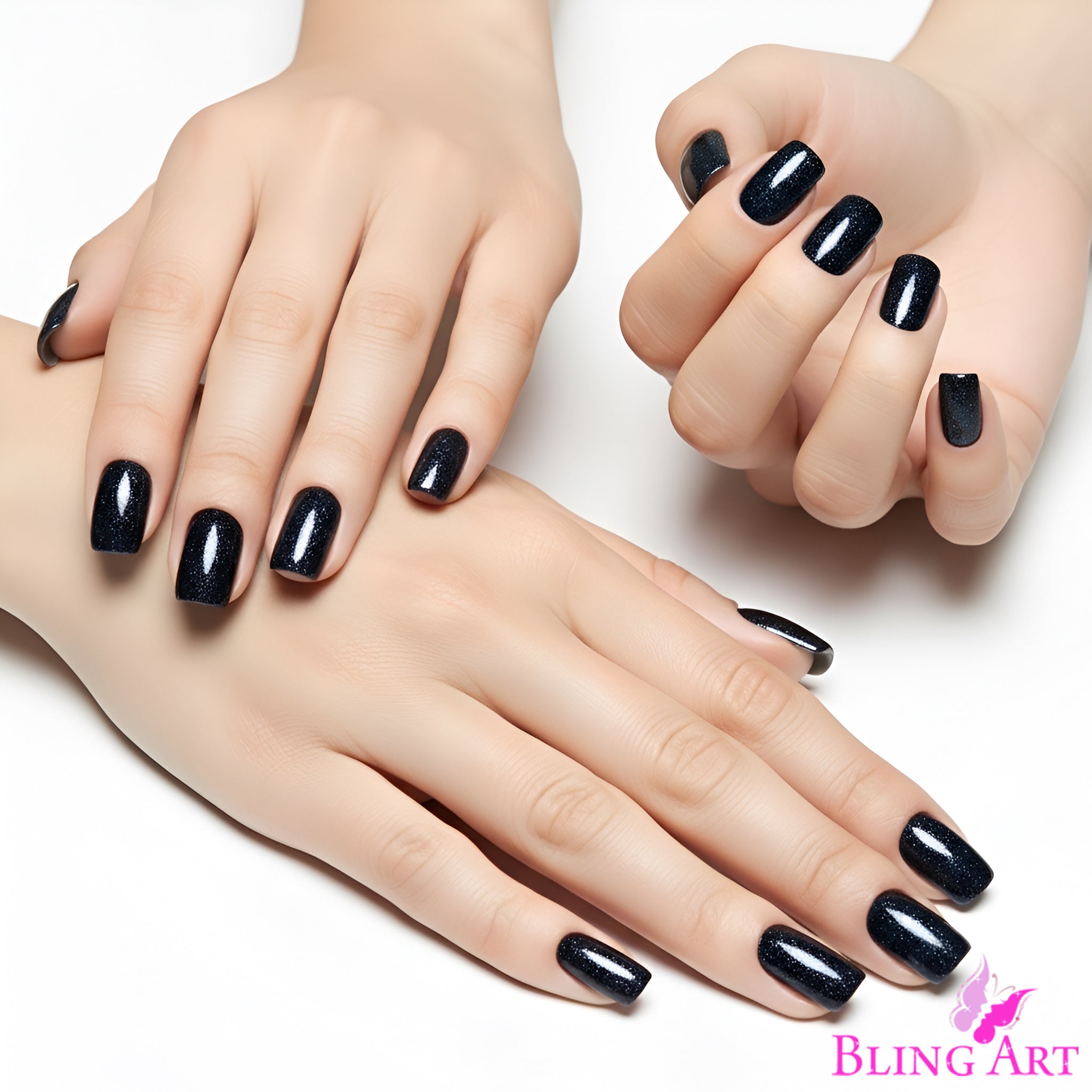 False Nails by Bling Art Black Gel French Squoval 24 Fake Medium Acrylic Tips