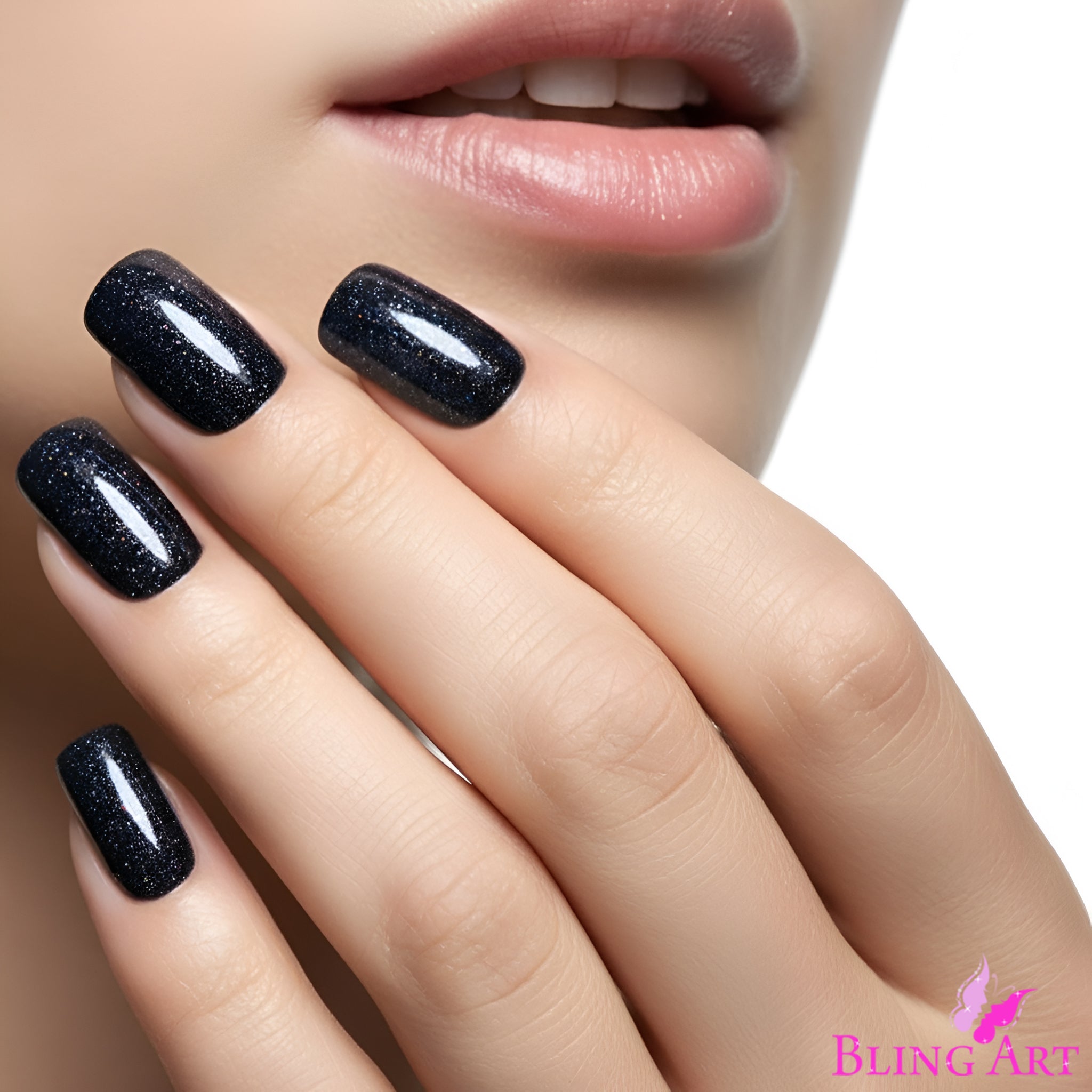 False Nails by Bling Art Black Gel French Squoval 24 Fake Medium Acrylic Tips