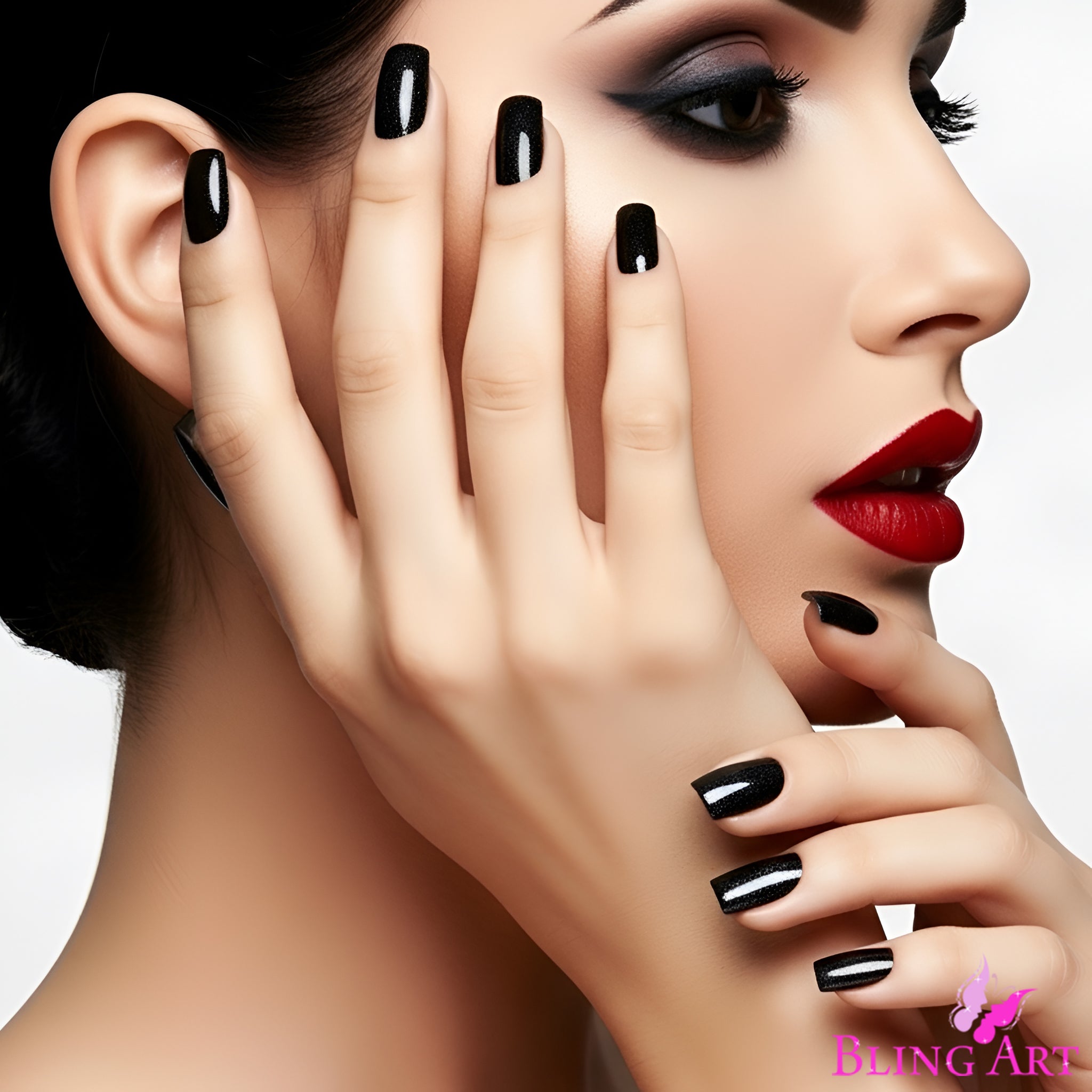 False Nails by Bling Art Black Gel French Squoval 24 Fake Medium Acrylic Tips