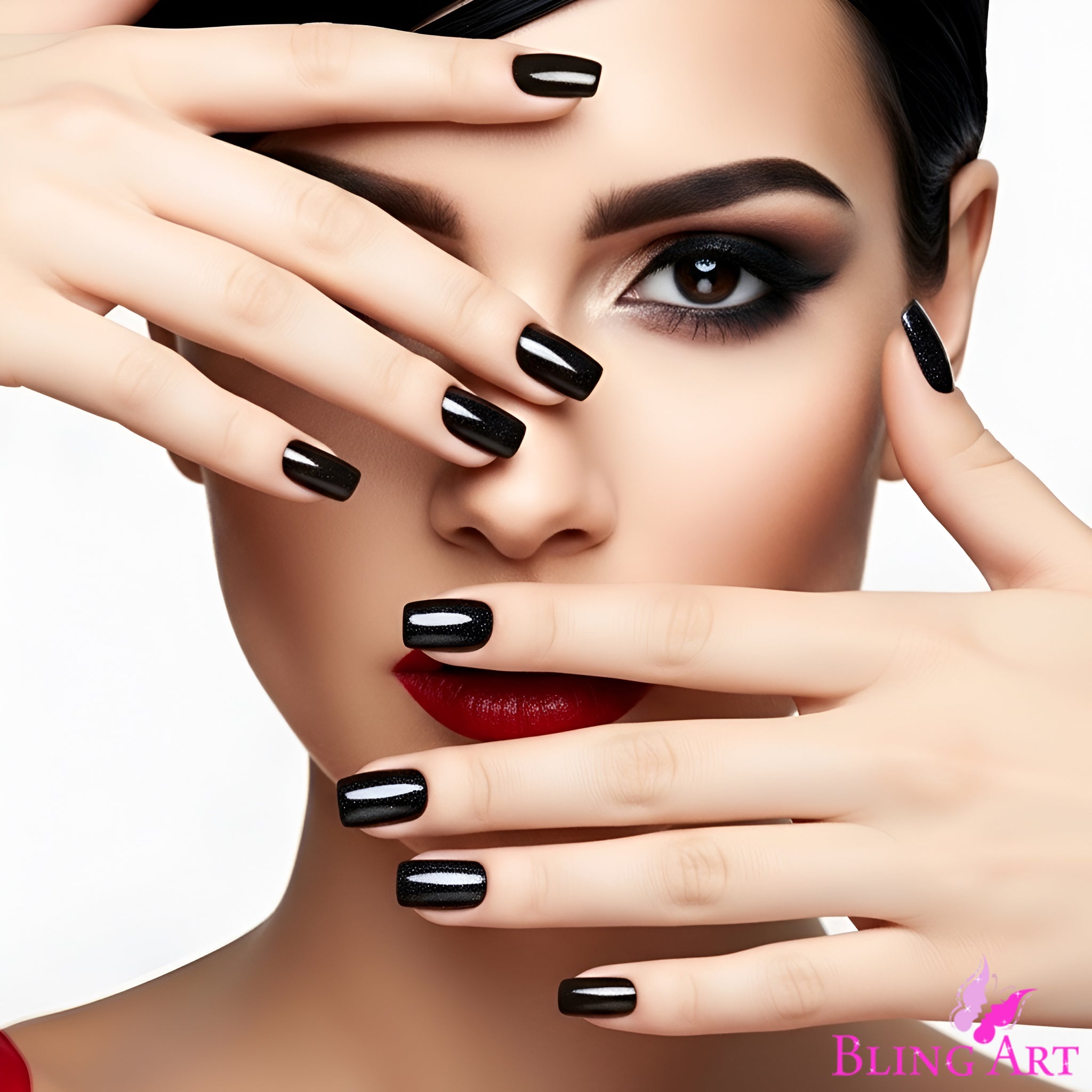 False Nails by Bling Art Black Gel French Squoval 24 Fake Medium Acrylic Tips