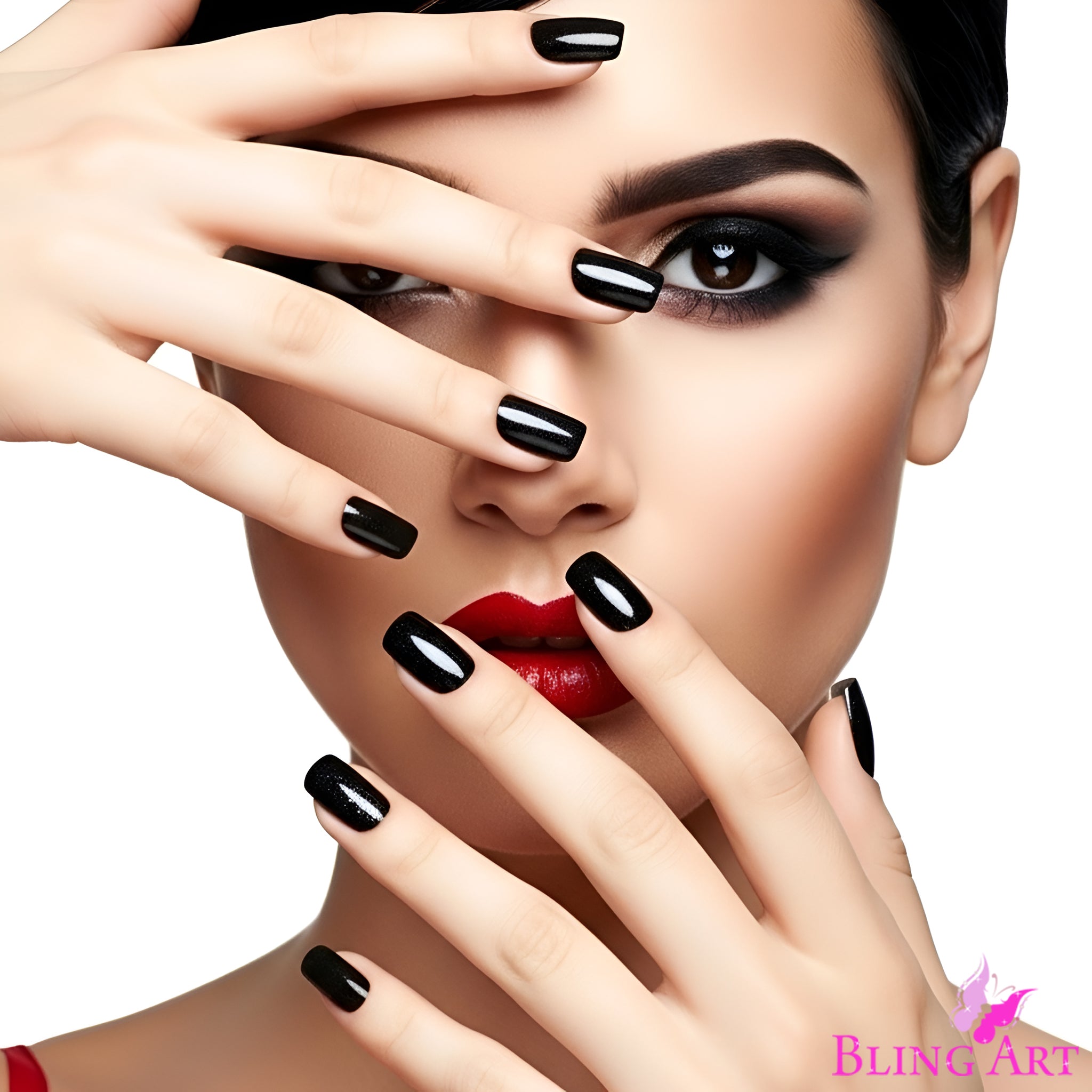 False Nails by Bling Art Black Gel French Squoval 24 Fake Medium Acrylic Tips