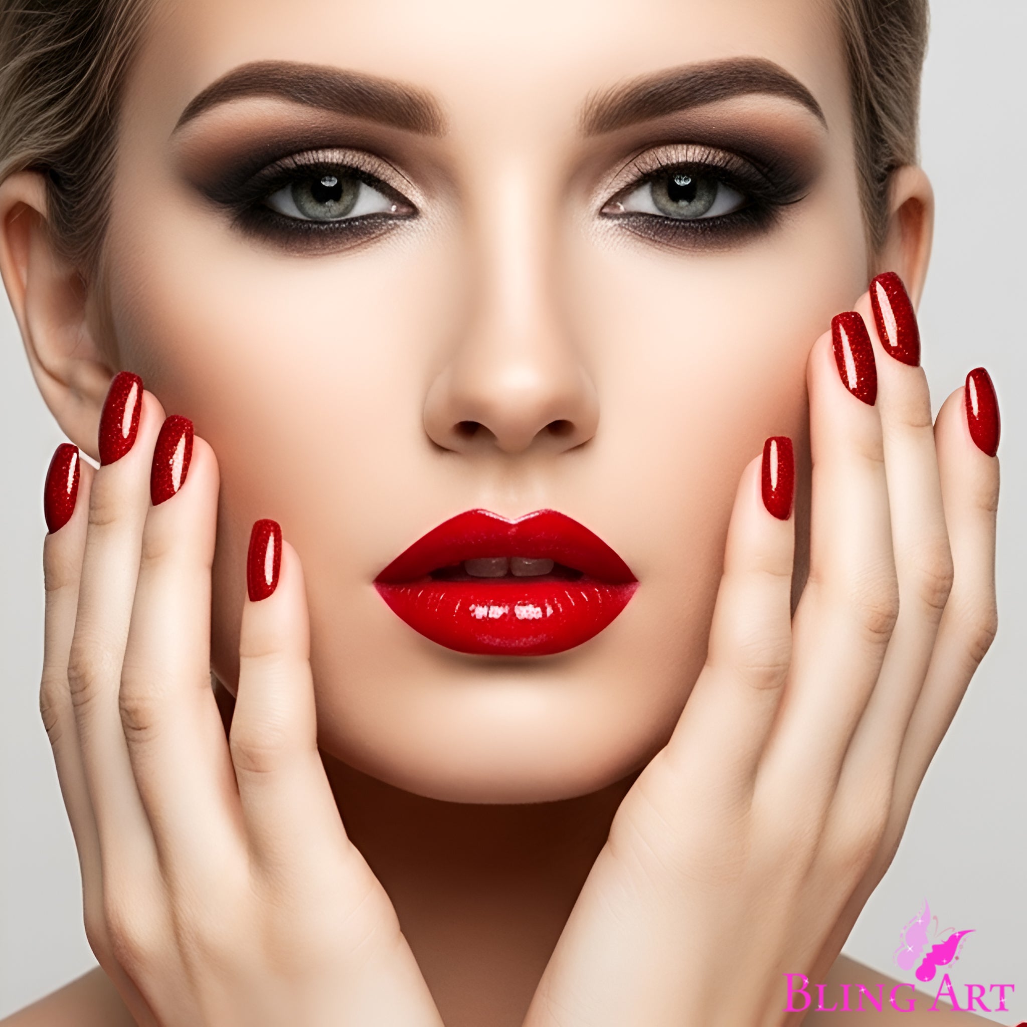 False Nails by Bling Art Red Gel French Manicure Fake Medium Tips with Glue