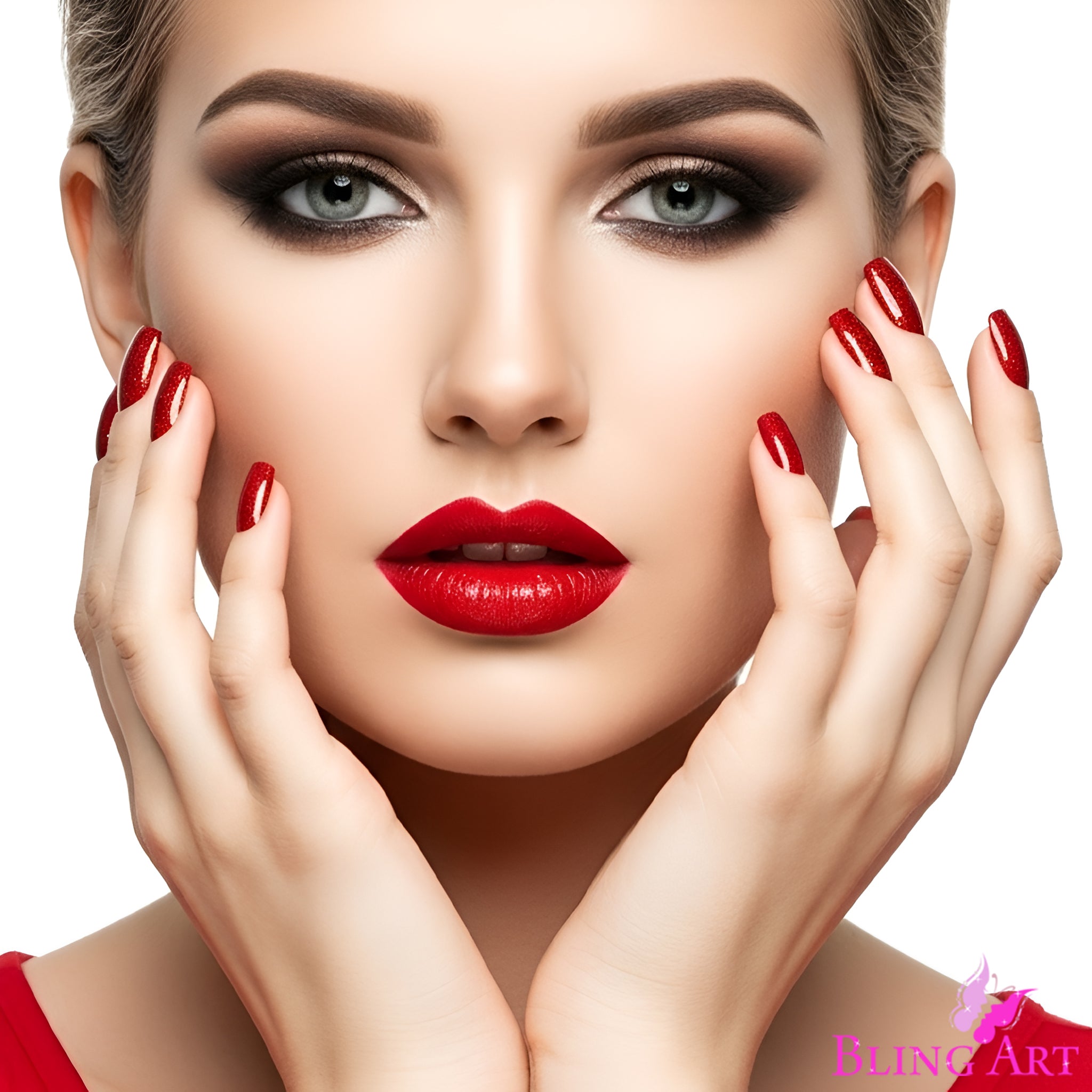 False Nails by Bling Art Red Gel French Manicure Fake Medium Tips with Glue