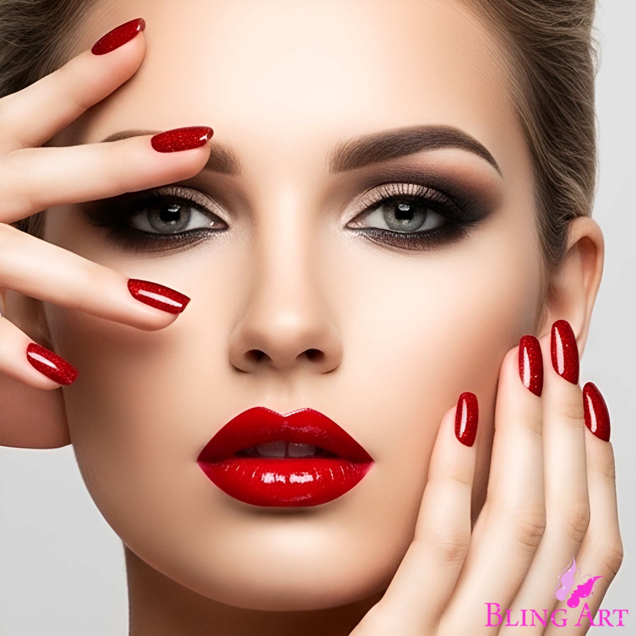 False Nails by Bling Art Red Gel French Manicure Fake Medium Tips with Glue