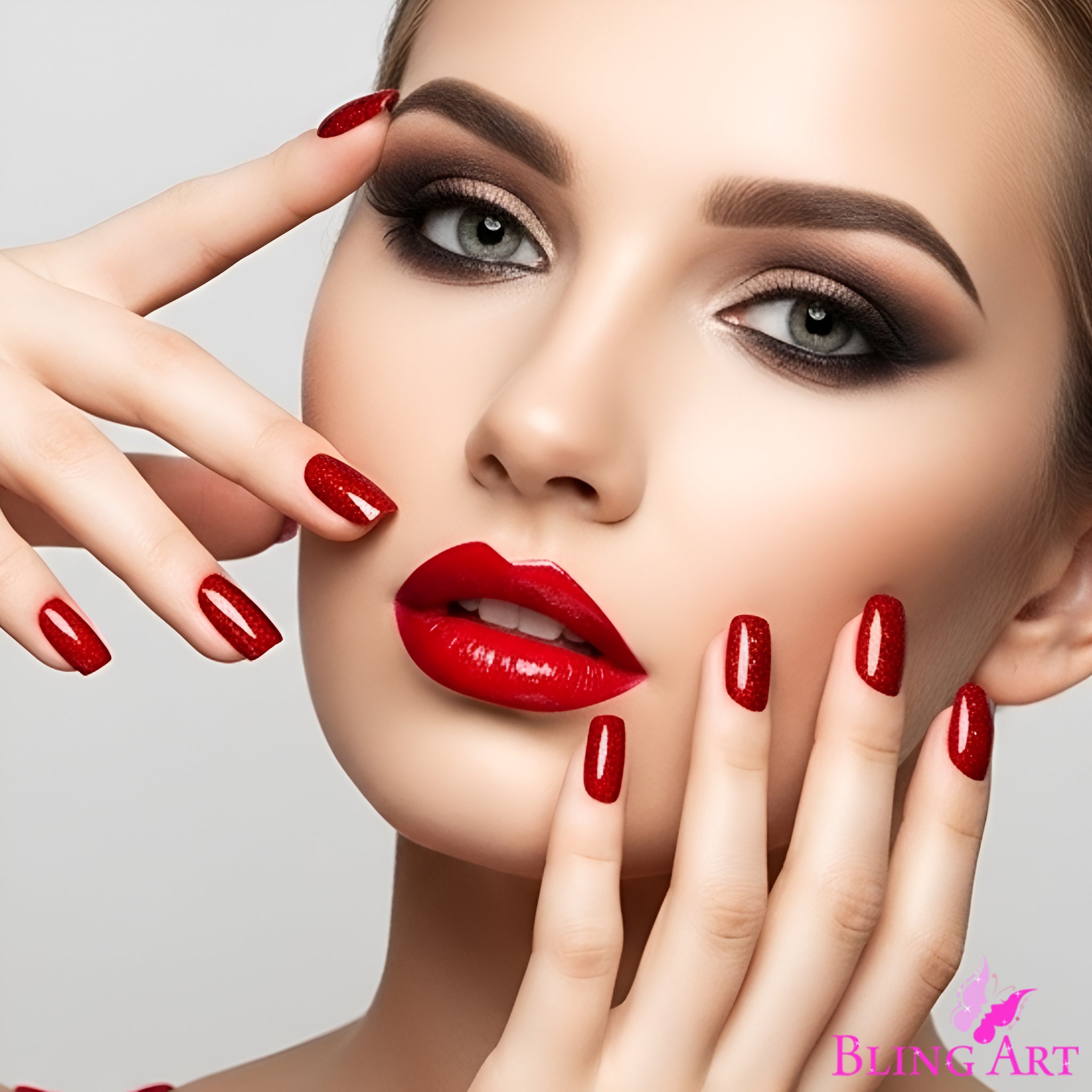 False Nails by Bling Art Red Gel French Manicure Fake Medium Tips with Glue