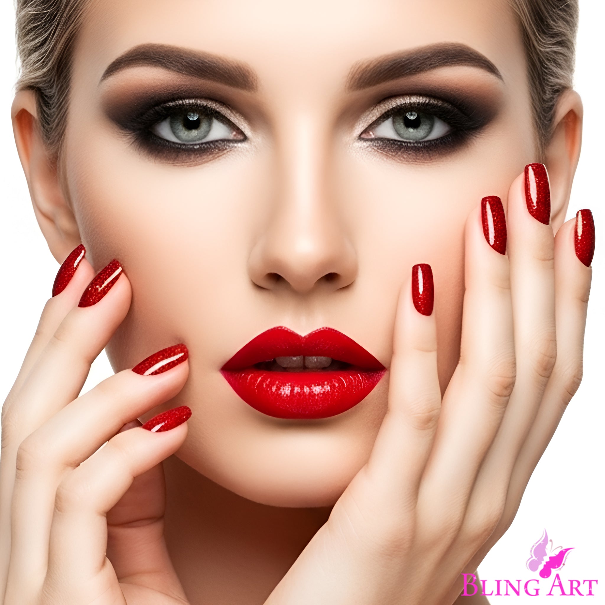 False Nails by Bling Art Red Gel French Manicure Fake Medium Tips with Glue