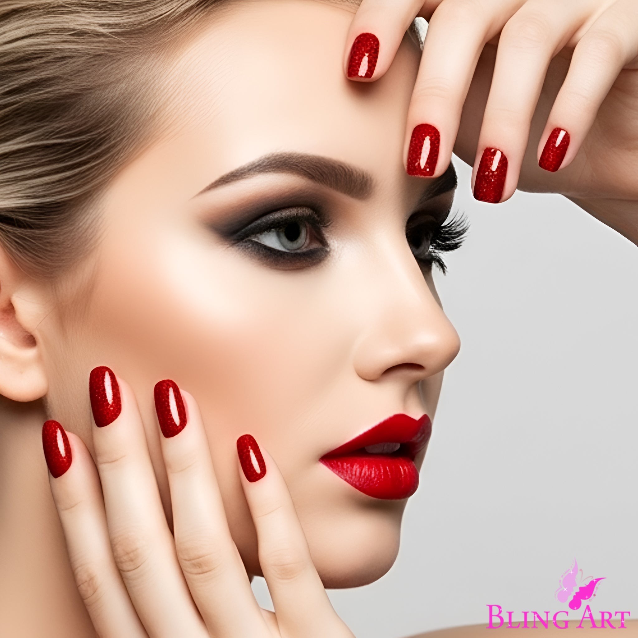 False Nails by Bling Art Red Gel French Manicure Fake Medium Tips with Glue