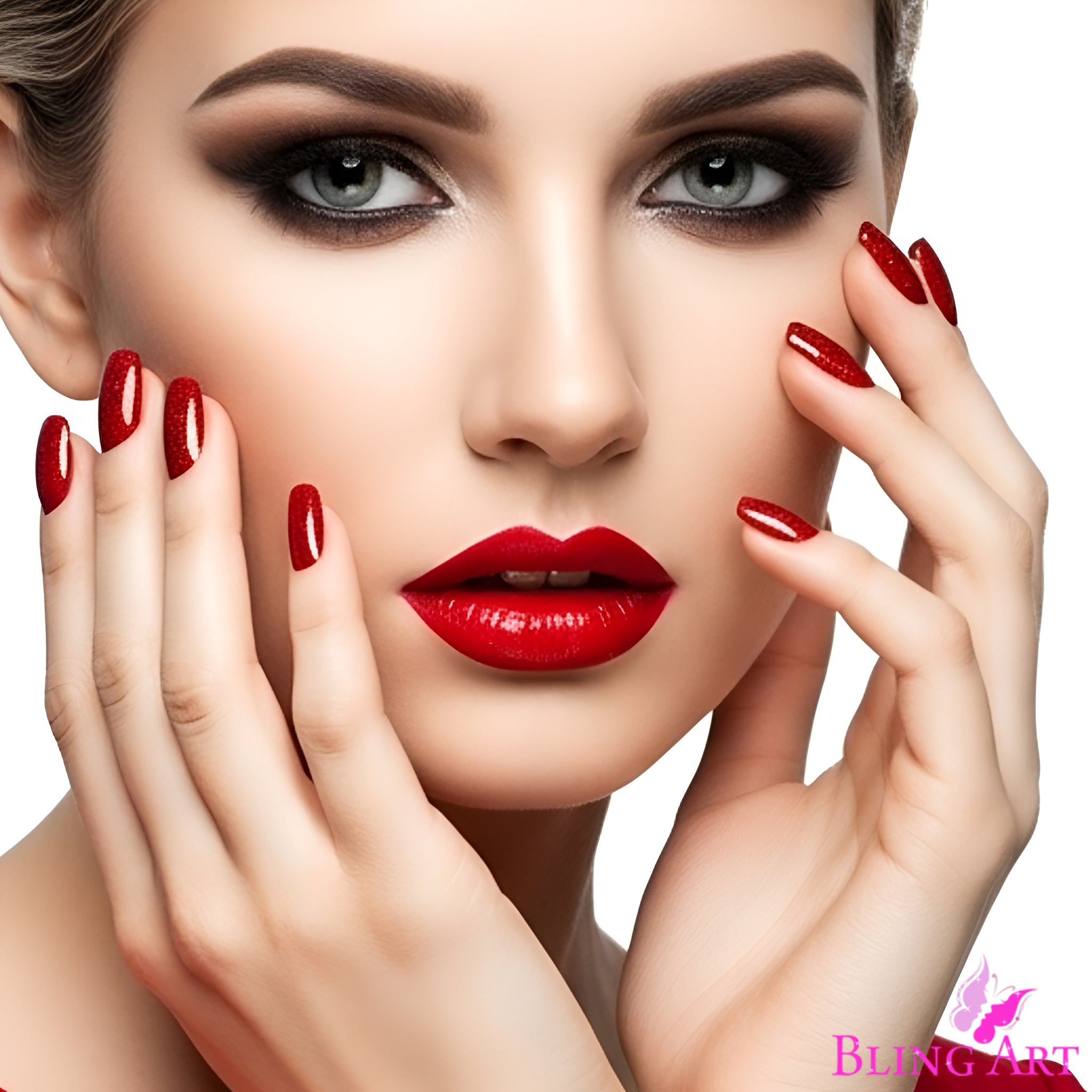 False Nails by Bling Art Red Gel French Manicure Fake Medium Tips with Glue