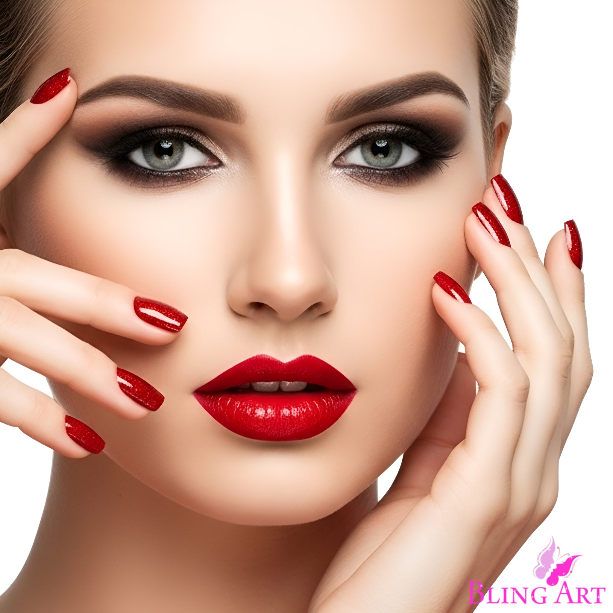 False Nails by Bling Art Red Gel French Manicure Fake Medium Tips with Glue