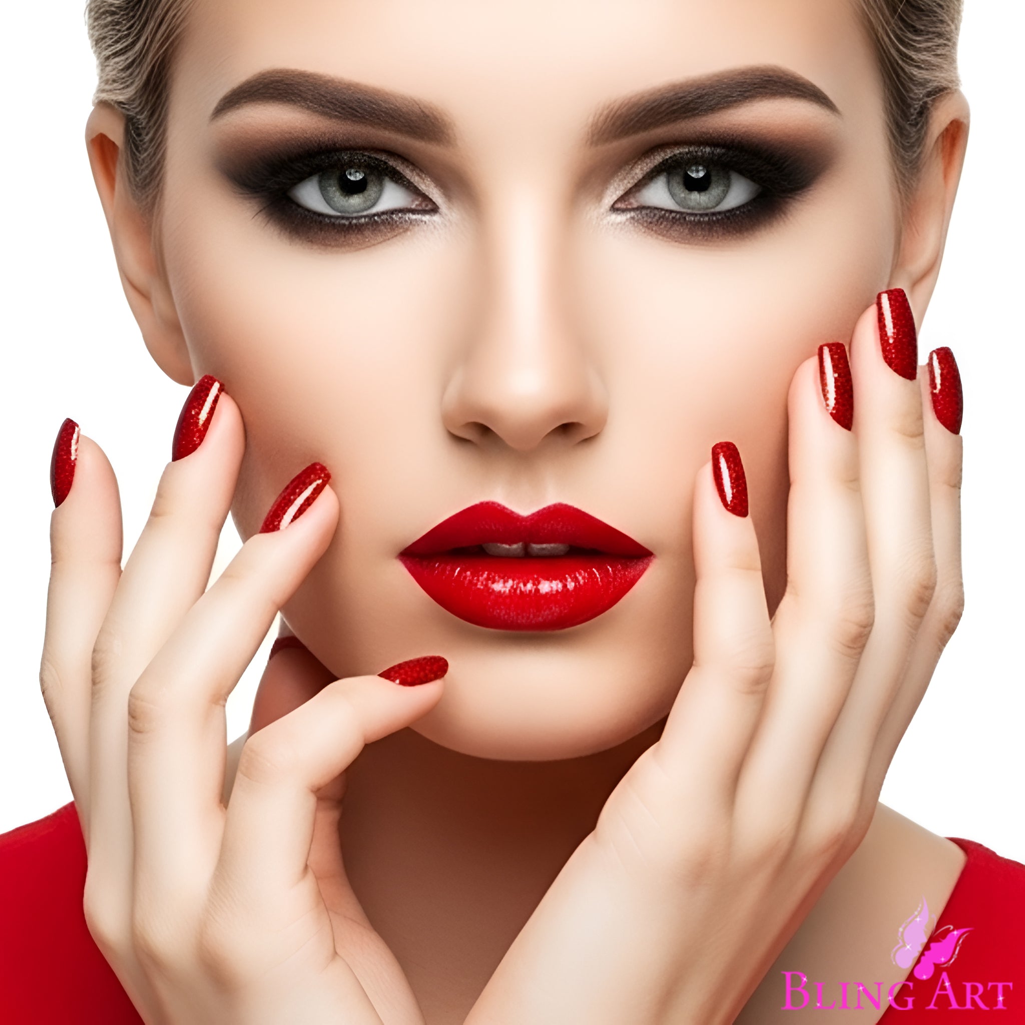 False Nails by Bling Art Red Gel French Manicure Fake Medium Tips with Glue