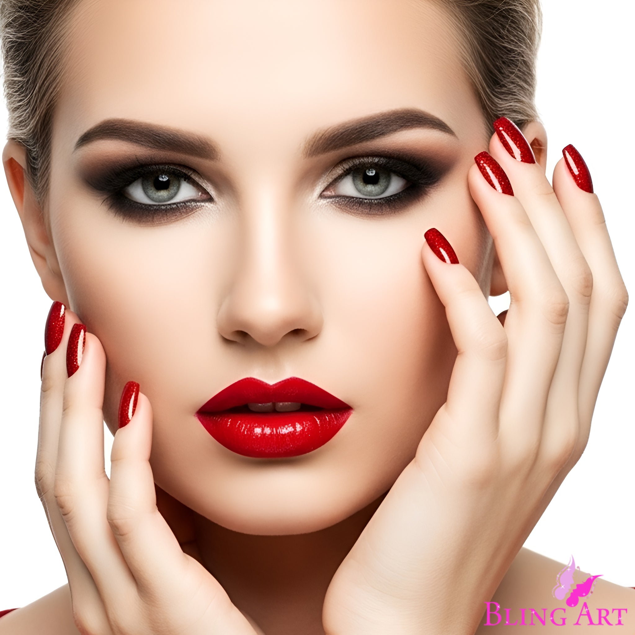 False Nails by Bling Art Red Gel French Manicure Fake Medium Tips with Glue