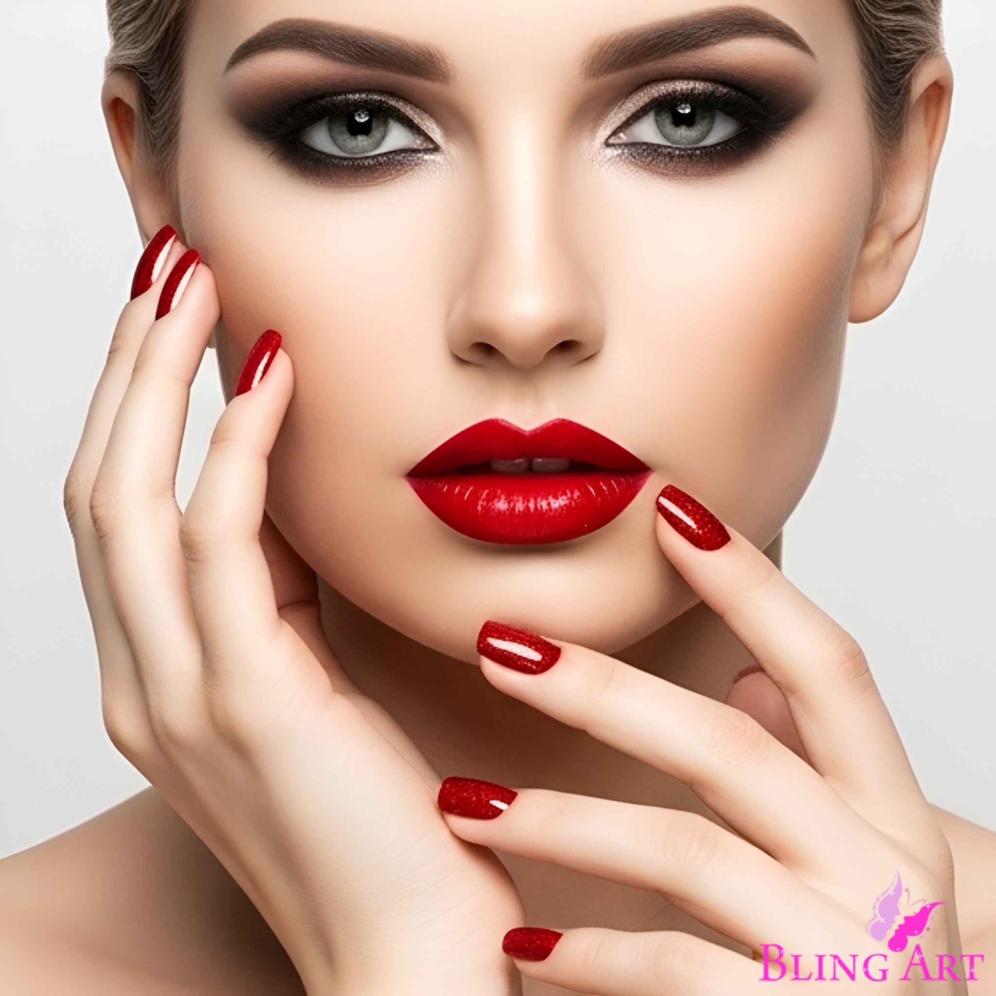 False Nails by Bling Art Red Gel French Manicure Fake Medium Tips with Glue