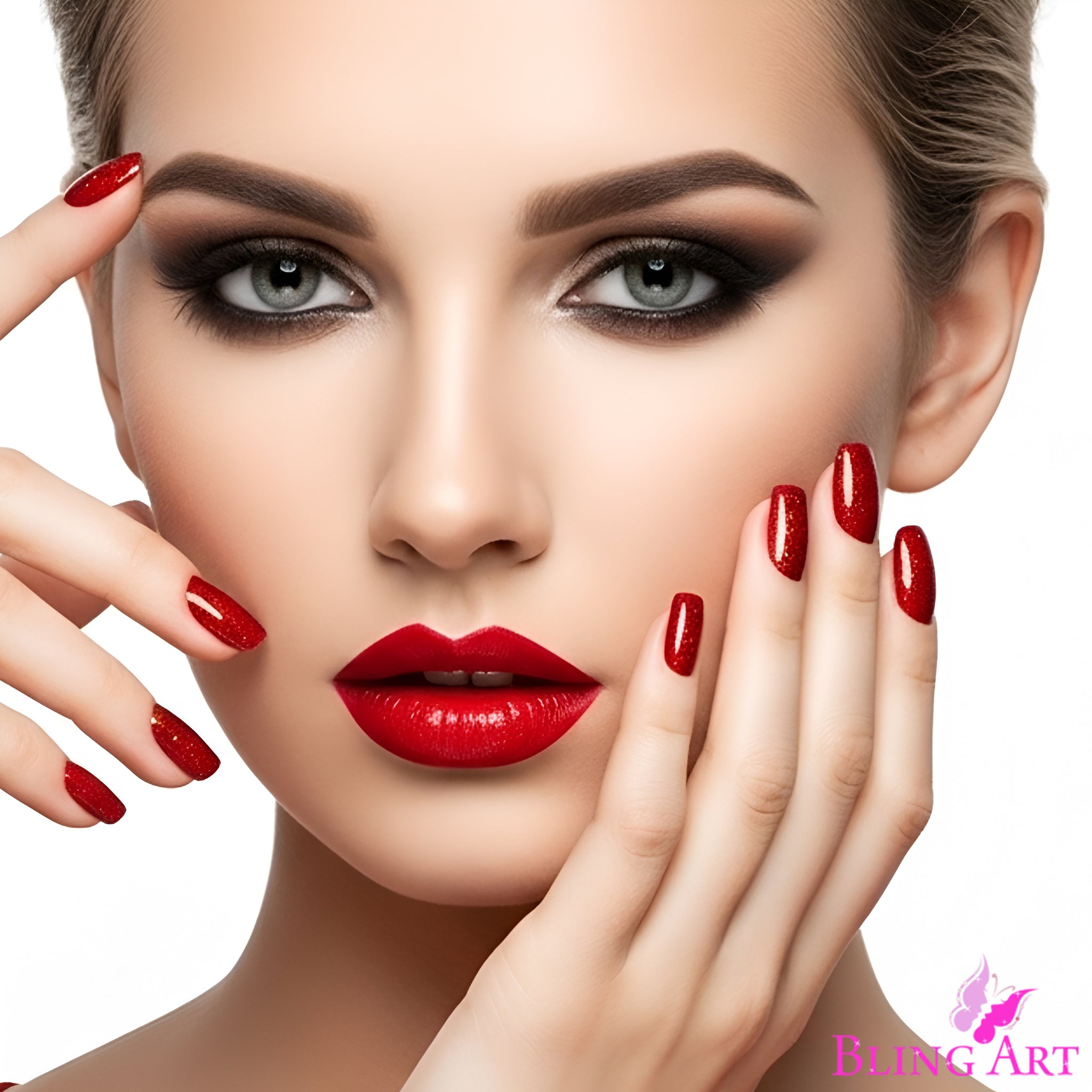 False Nails by Bling Art Red Gel French Manicure Fake Medium Tips with Glue