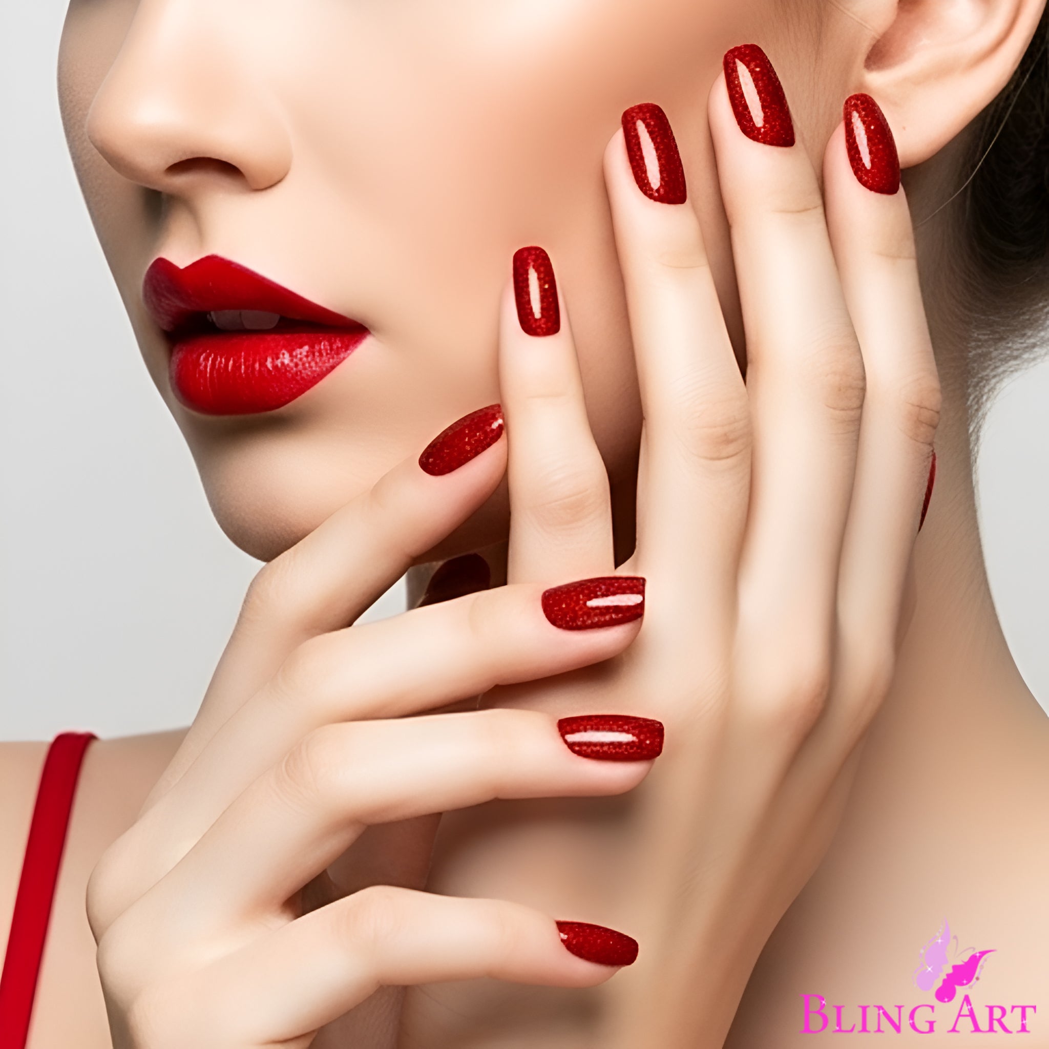 False Nails by Bling Art Red Gel French Manicure Fake Medium Tips with Glue