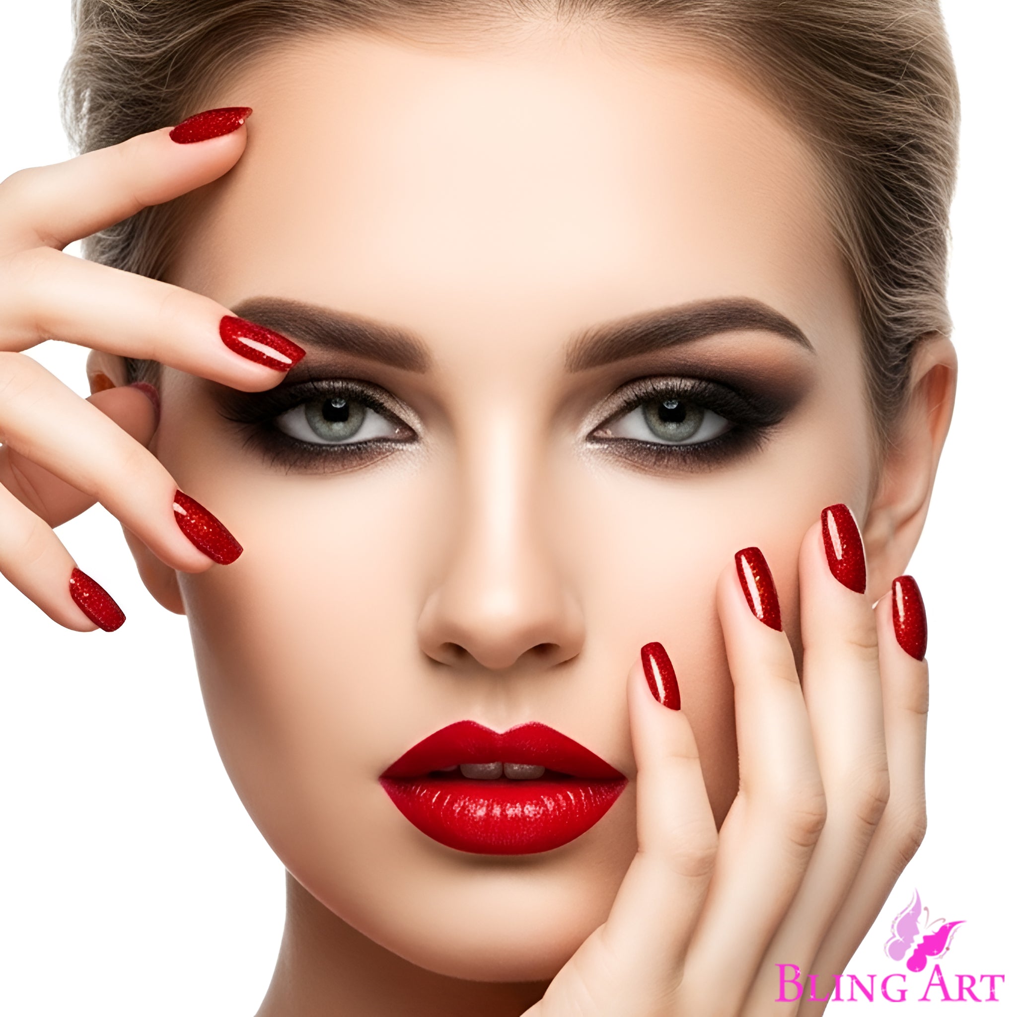 Multipack - False Nails by Bling Art Red Gel French Manicure Fake Medium Tips with Glue on stylish hands.