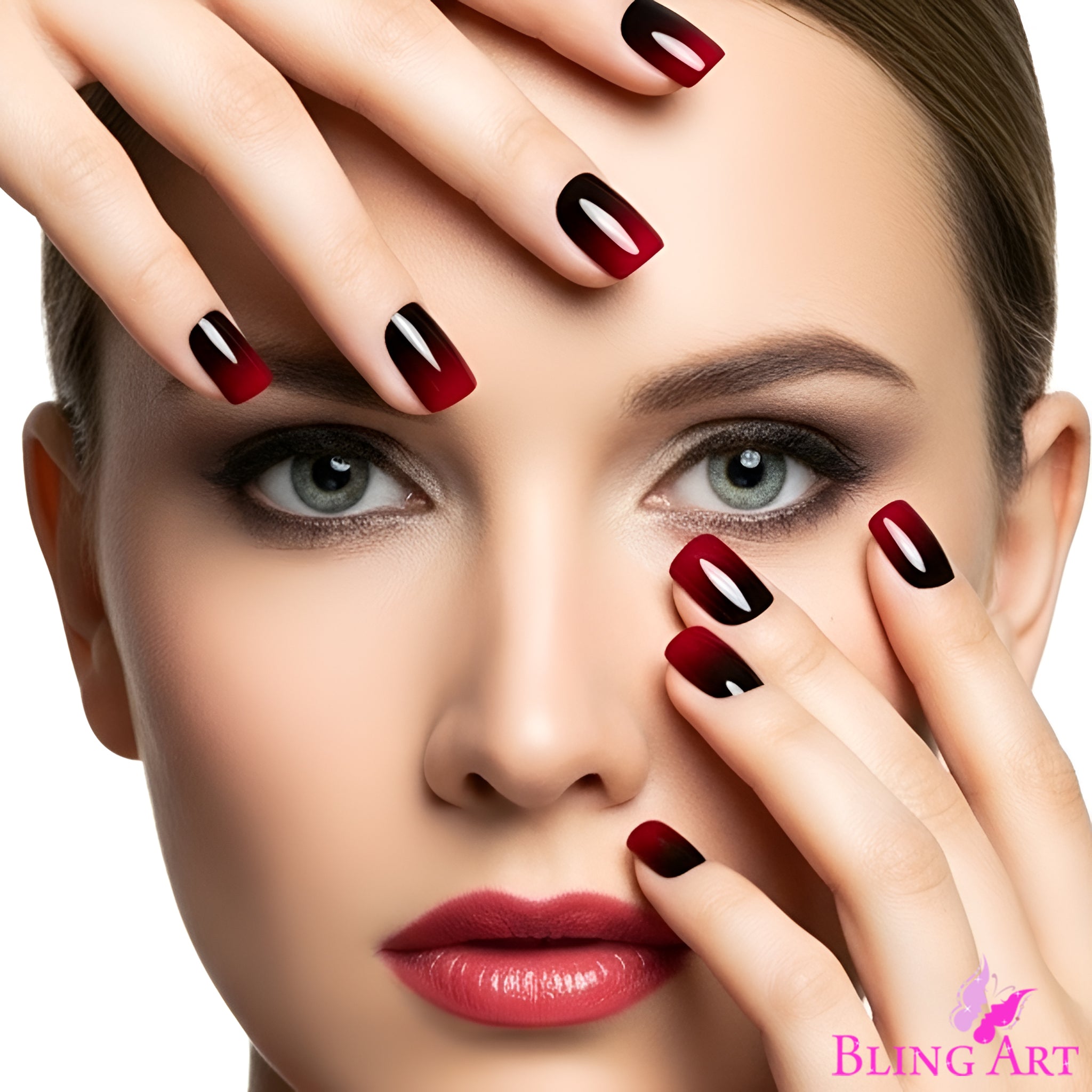 False Nails by Bling Art Red Black French Squoval 24 Fake Medium Acrylic Tips