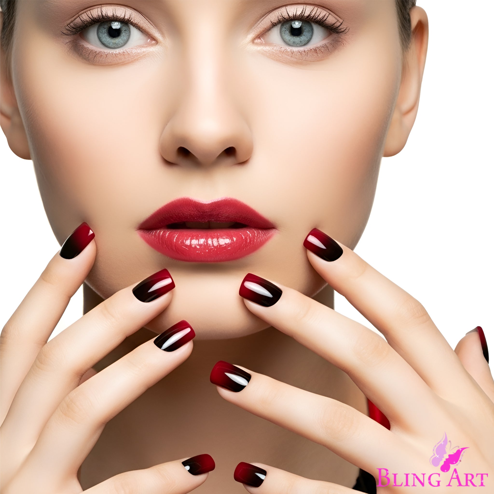 False Nails by Bling Art Red Black French Squoval 24 Fake Medium Acrylic Tips