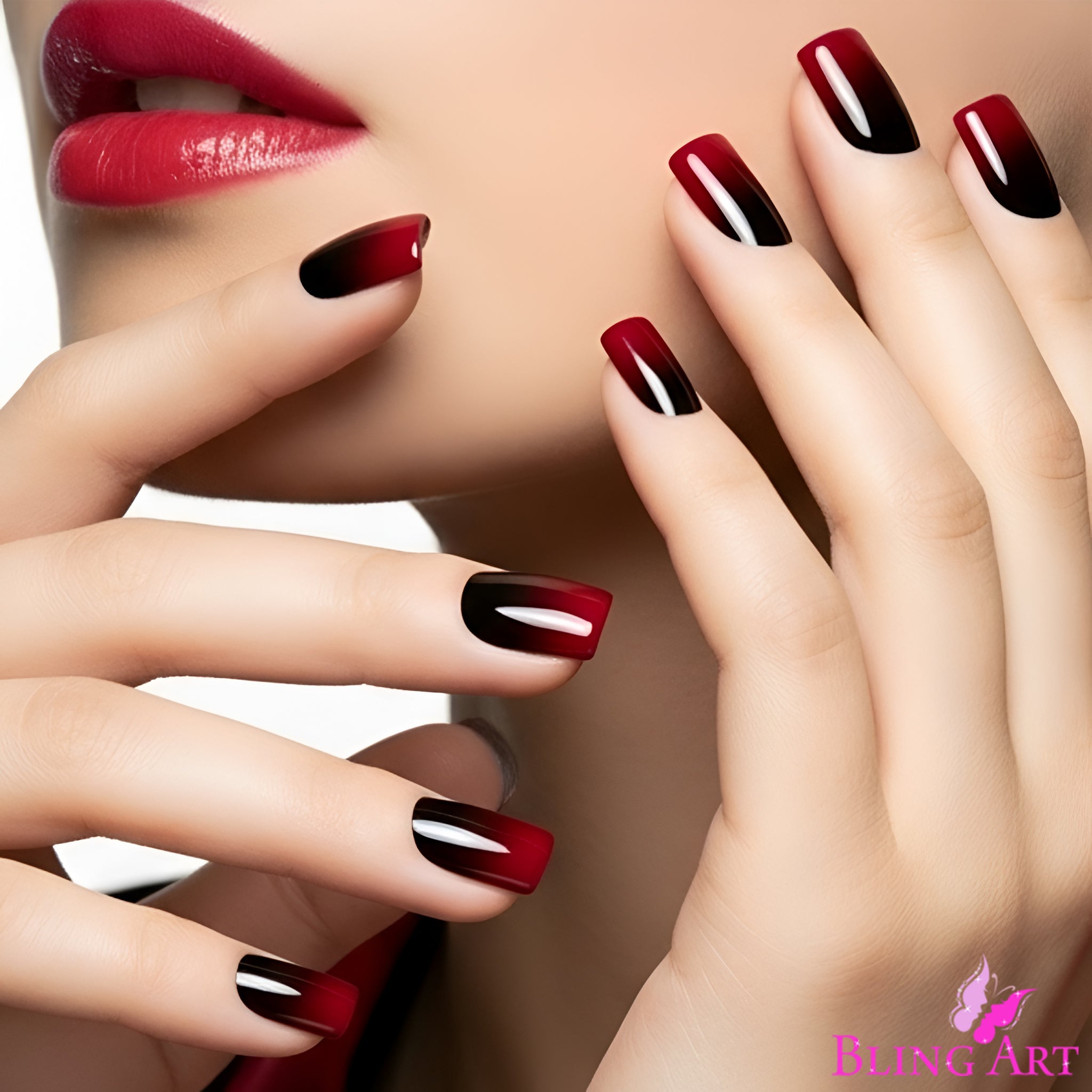 False Nails by Bling Art Red Black French Squoval 24 Fake Medium Acrylic Tips