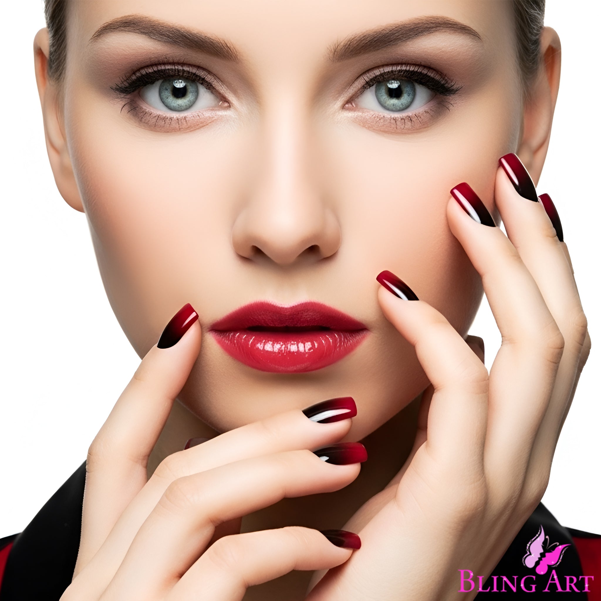 False Nails by Bling Art Red Black French Squoval 24 Fake Medium Acrylic Tips