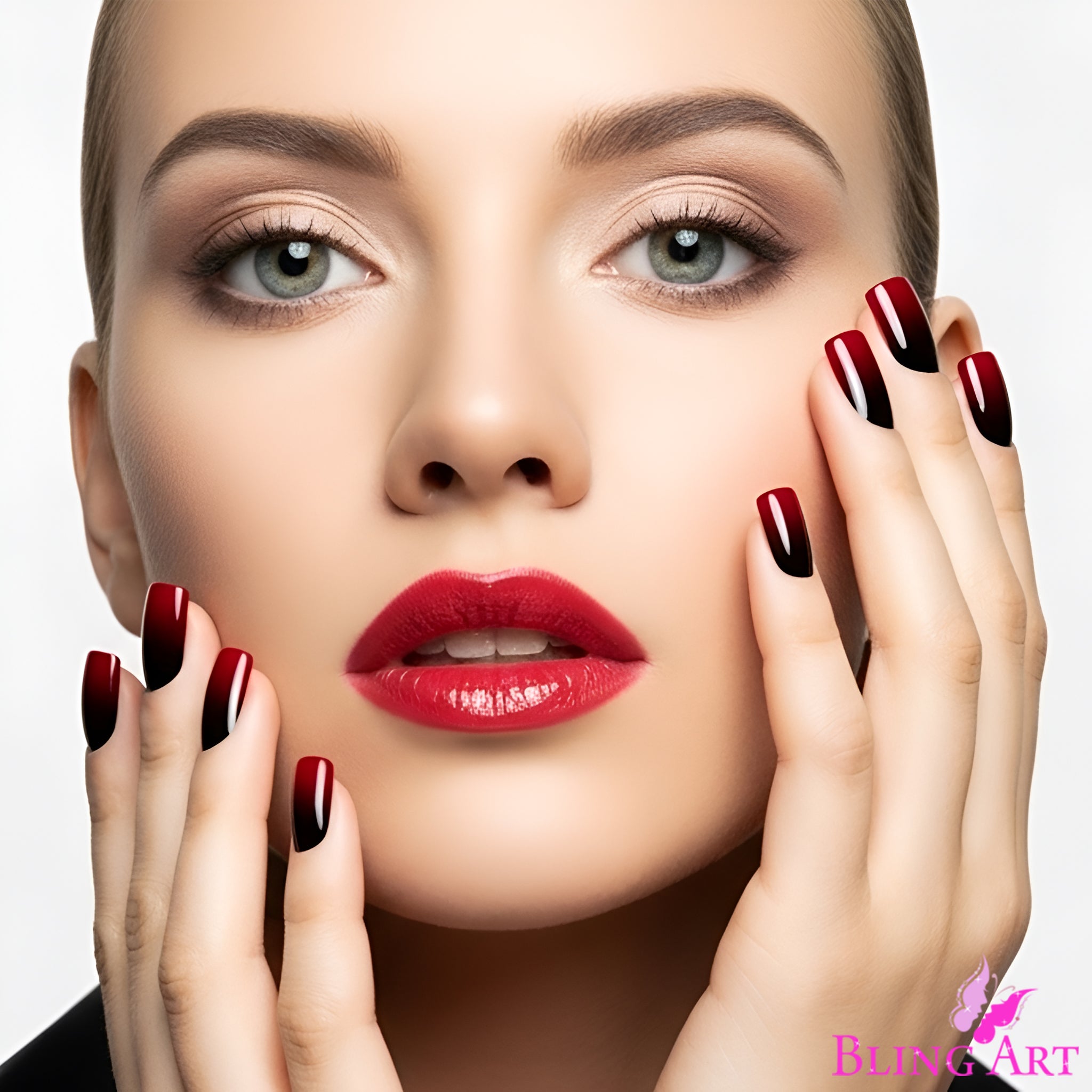 False Nails by Bling Art Red Black French Squoval 24 Fake Medium Acrylic Tips