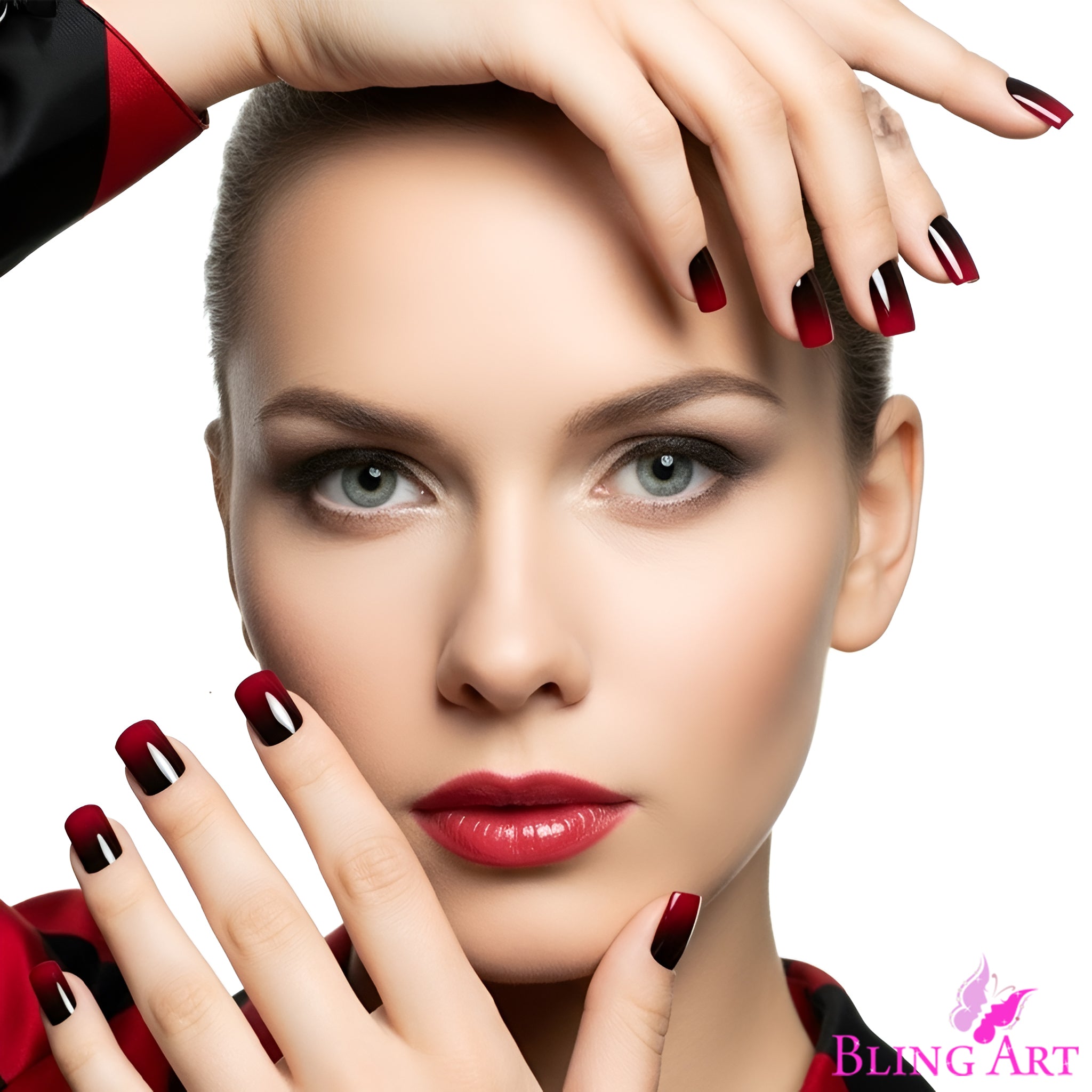 False Nails by Bling Art Red Black French Squoval 24 Fake Medium Acrylic Tips