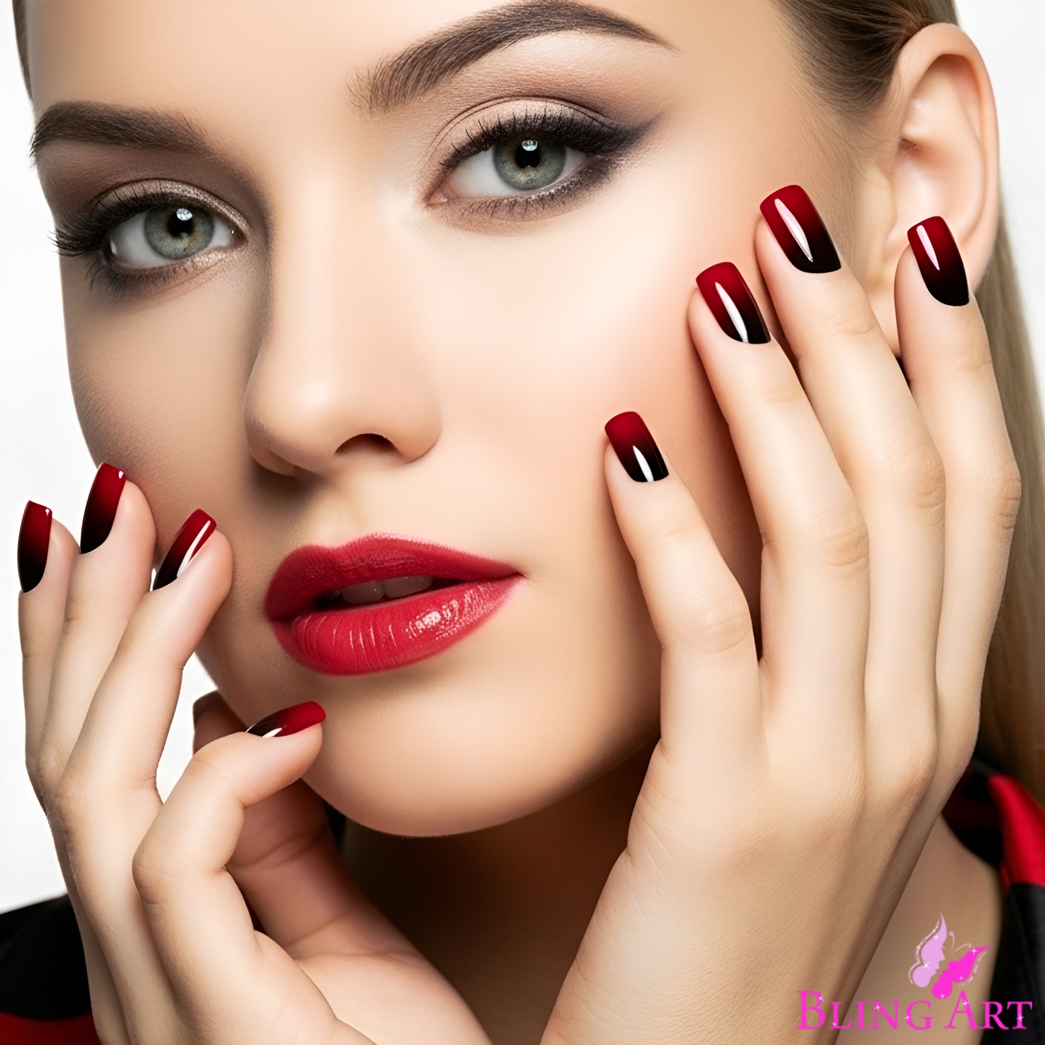 False Nails by Bling Art Red Black French Squoval 24 Fake Medium Acrylic Tips