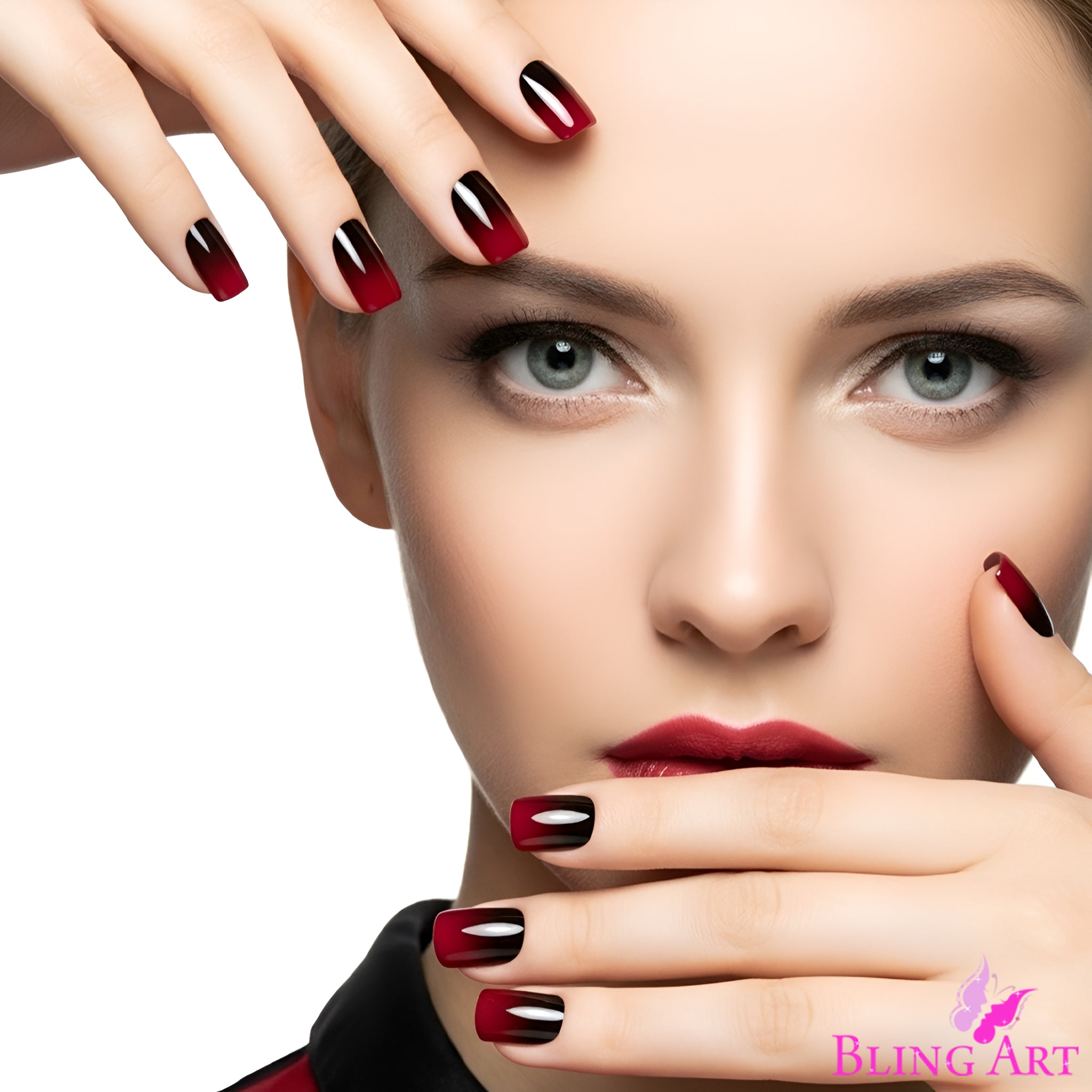 False Nails by Bling Art Red Black French Squoval 24 Fake Medium Acrylic Tips