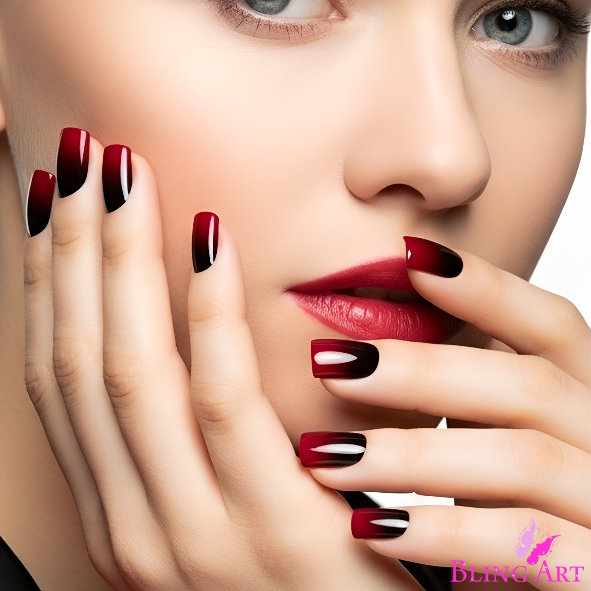 False Nails by Bling Art Red Black French Squoval 24 Fake Medium Acrylic Tips