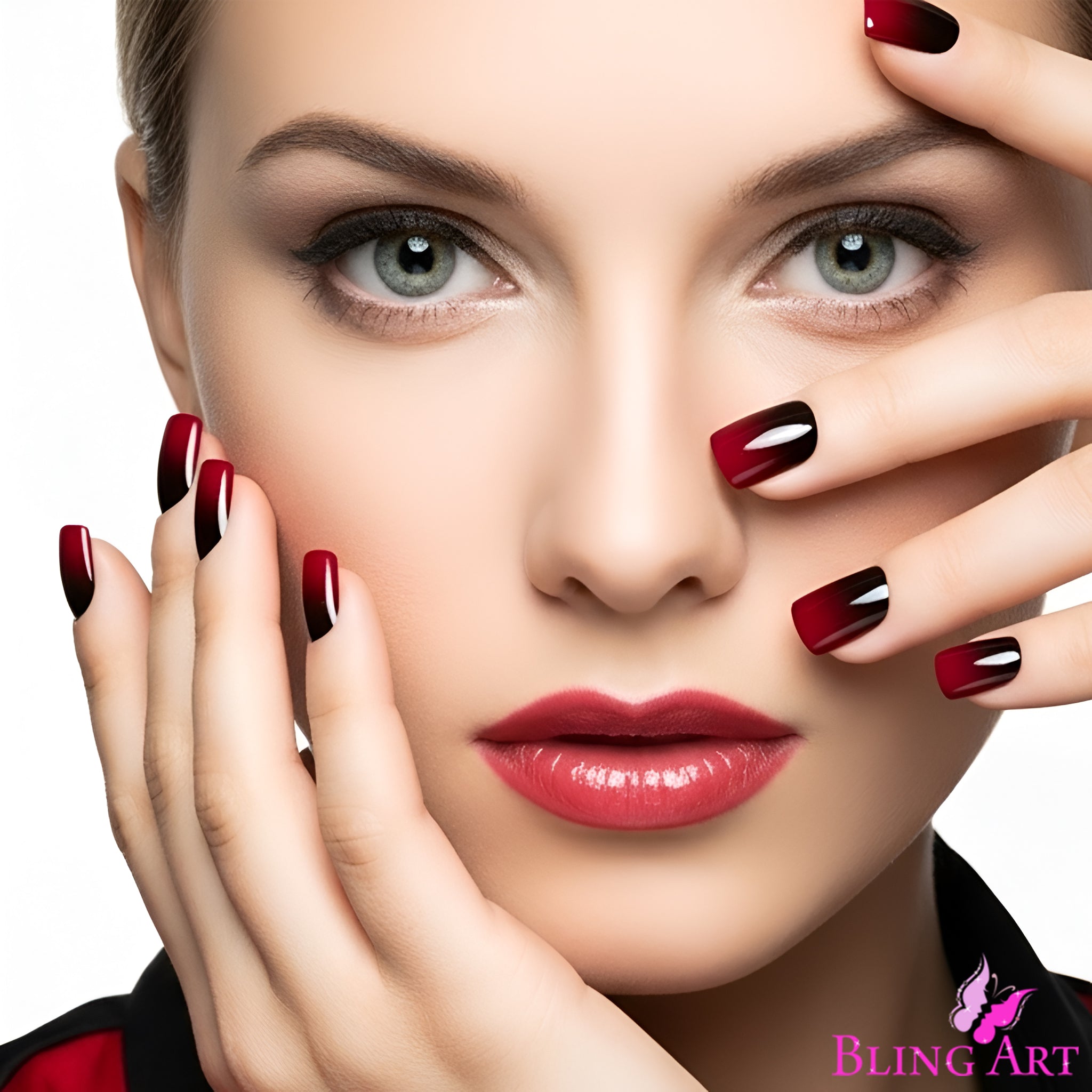 False Nails by Bling Art Red Black French Squoval 24 Fake Medium Acrylic Tips