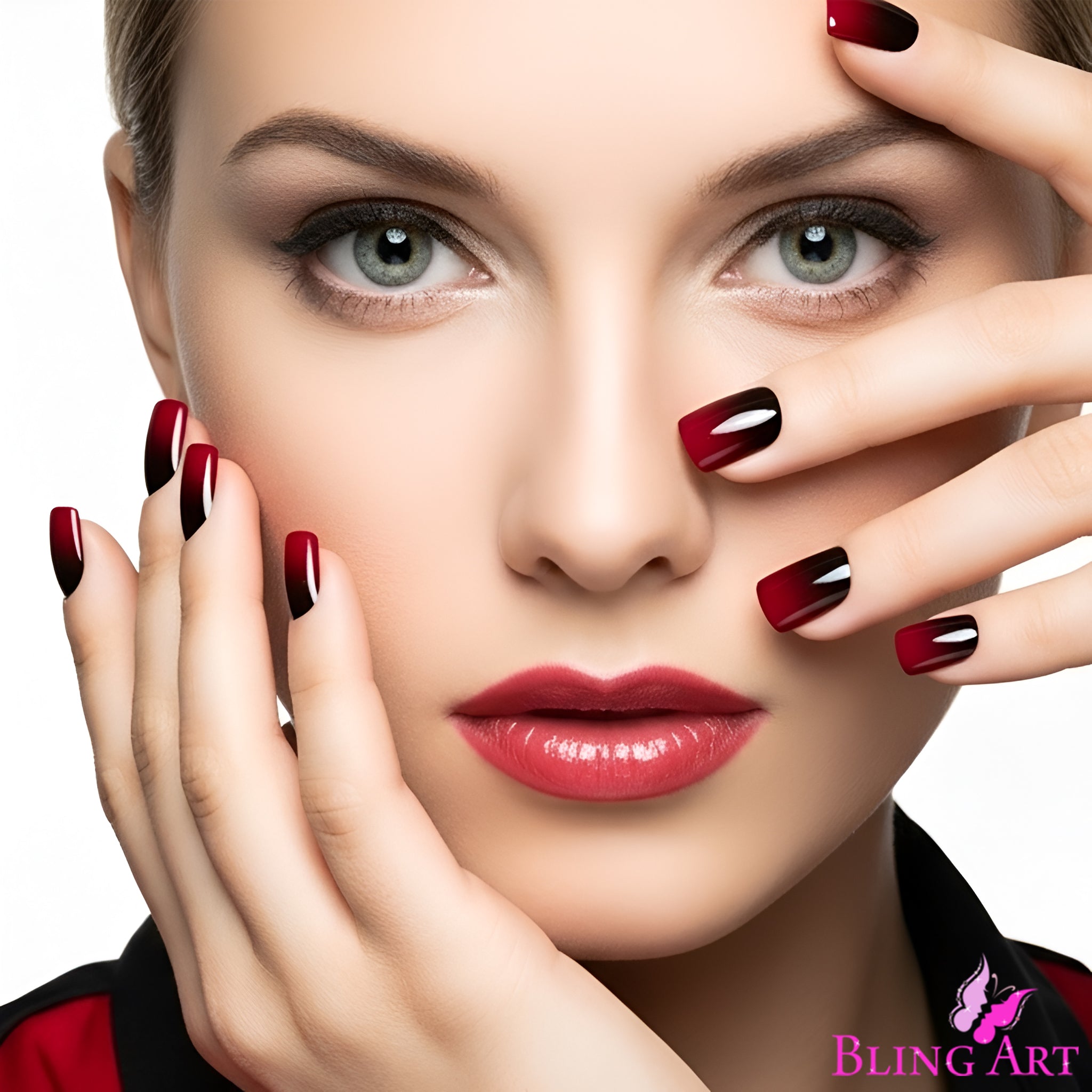 False Nails by Bling Art Red Black French Squoval 24 Fake Medium Acrylic Tips