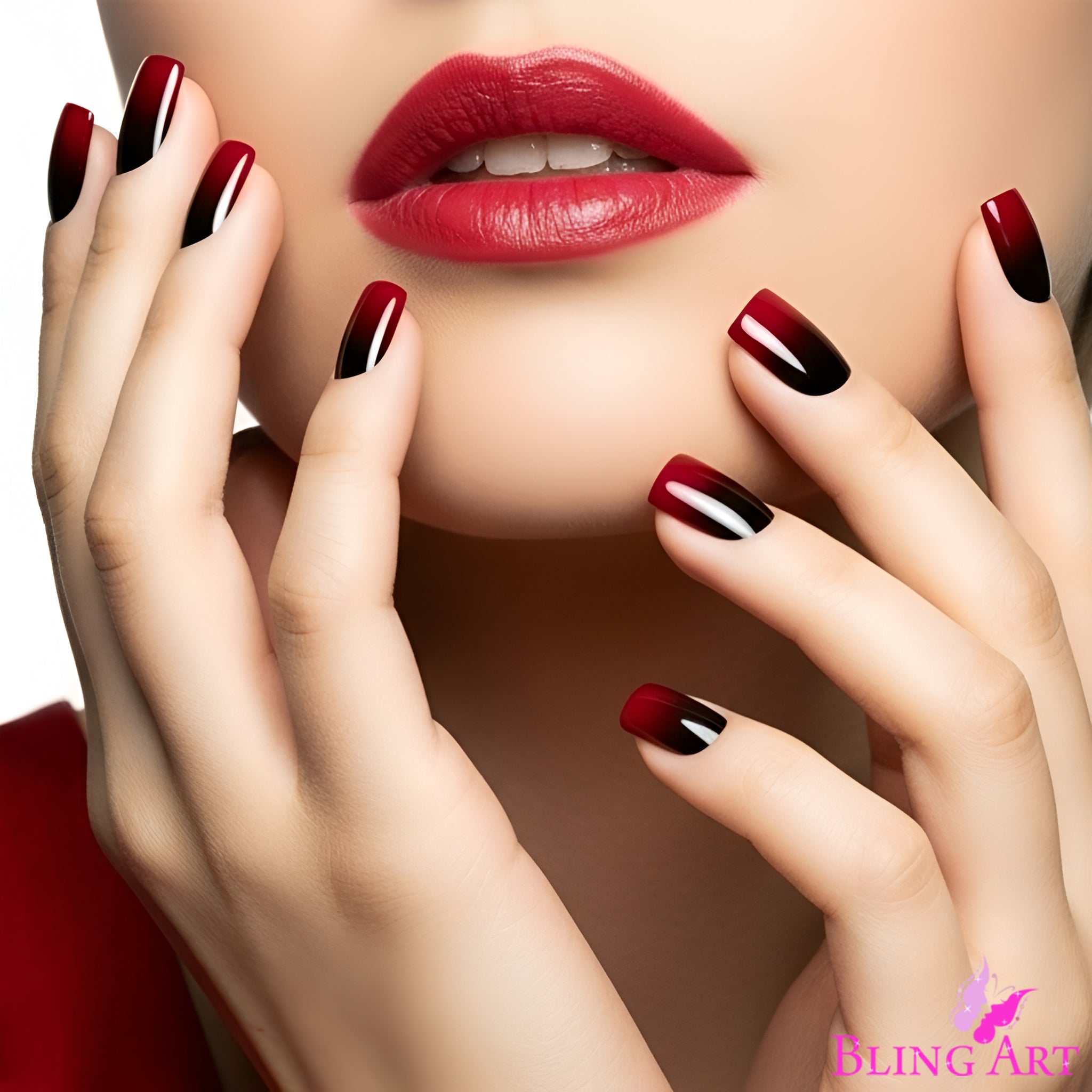 False Nails by Bling Art Red Black French Squoval 24 Fake Medium Acrylic Tips