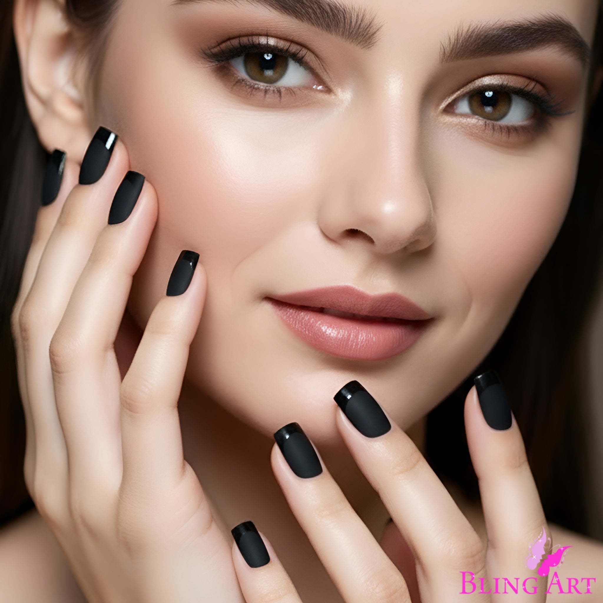 False Nails by Bling Art Black Matte French Manicure Fake Medium Tips with Glue