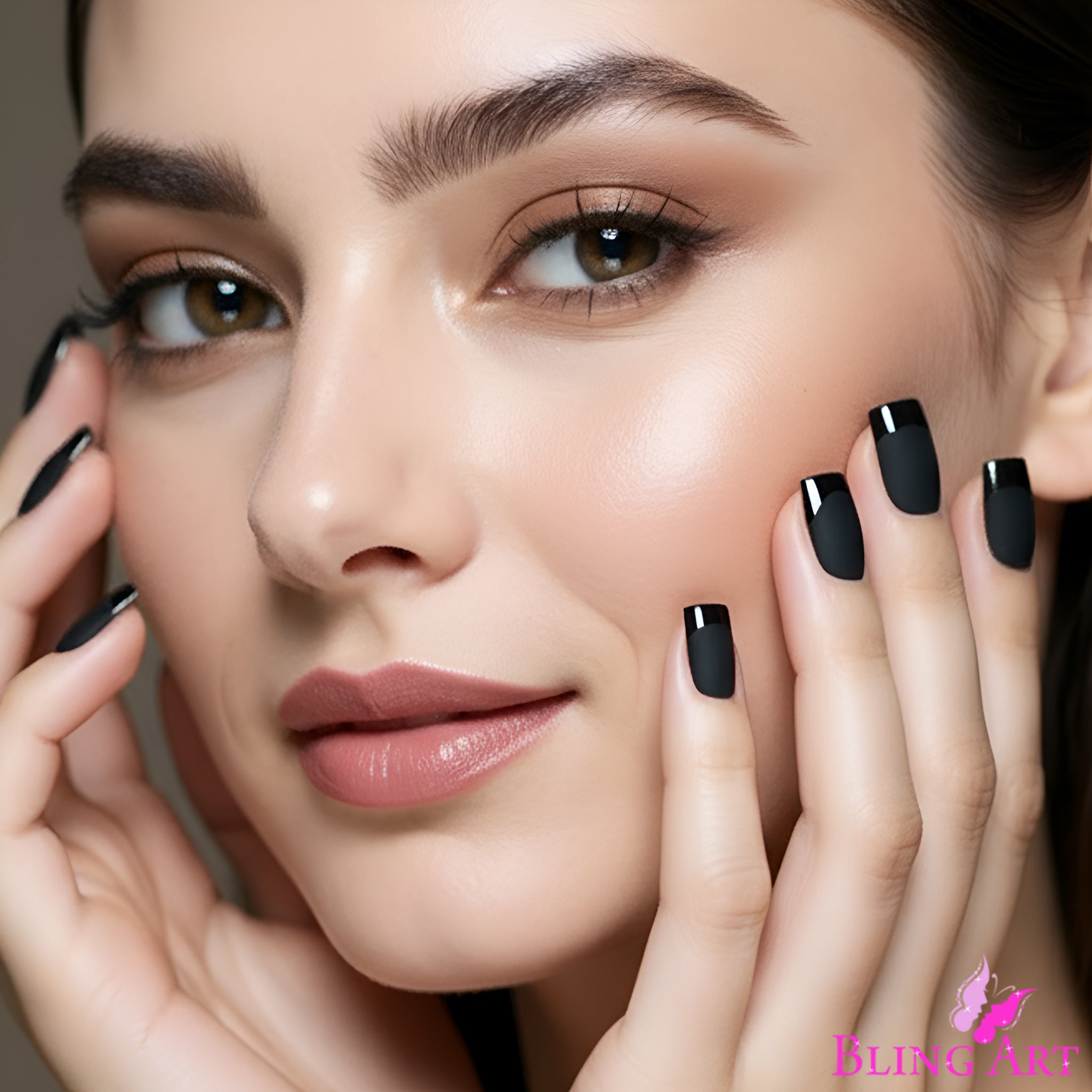 False Nails by Bling Art Black Matte French Manicure Fake Medium Tips with Glue