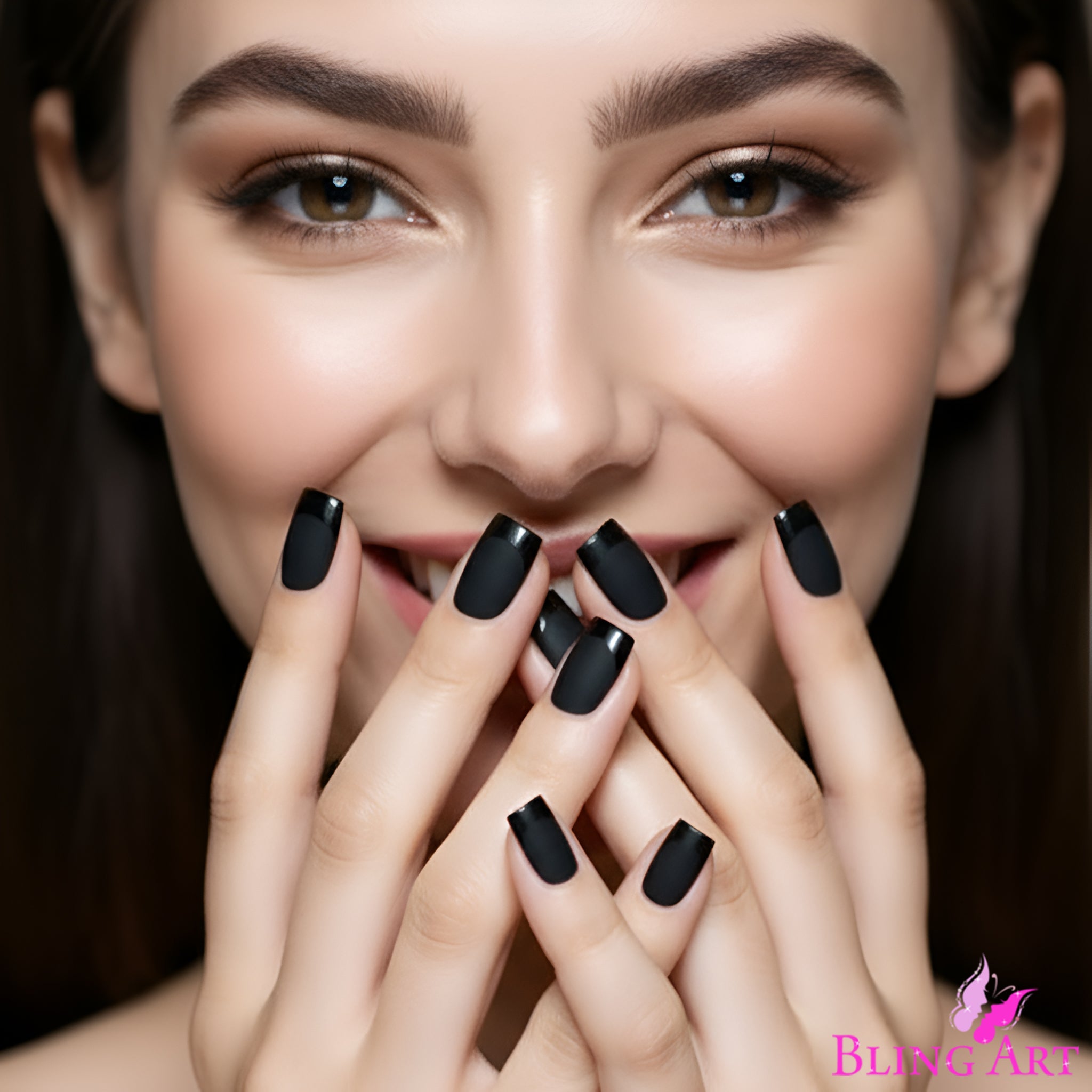 False Nails by Bling Art Black Matte French Manicure Fake Medium Tips with Glue